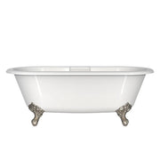 White freestanding soaking bathtub with curved sides and decorative claw feet in brushed nickel finish.