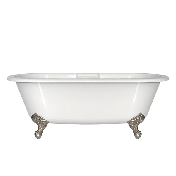 White freestanding soaking bathtub with curved sides and decorative claw feet in brushed nickel finish.