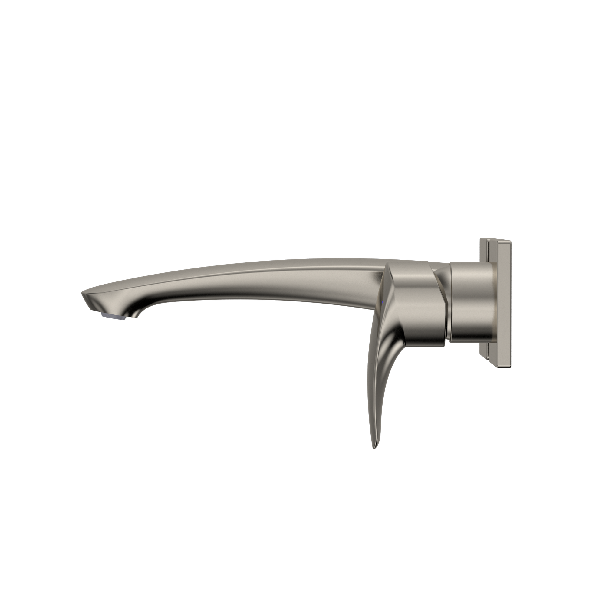 Polished nickel wall-mount bathroom faucet with single handle and curved spout.