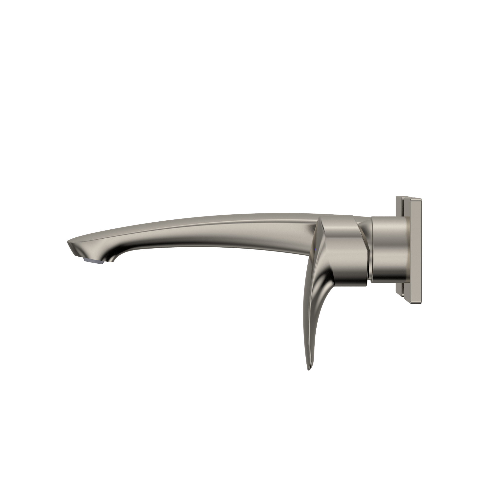 Polished nickel wall-mount bathroom faucet with single handle and curved spout.