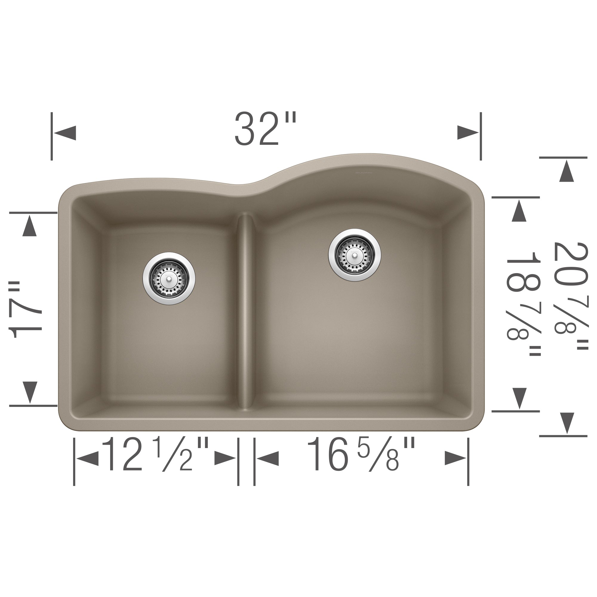 Truffle composite undermount sink with two unequal bowls, low divider, and drain strainers, 32" wide.