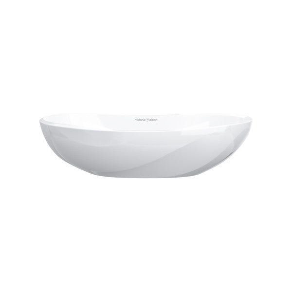 White oval vessel sink with curved sides and smooth finish.