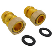 Two brass 3/4" union press fittings with hexagonal nuts and two black rubber sealing rings.