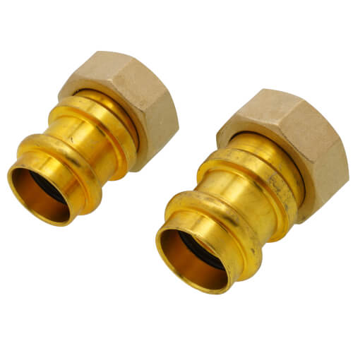 Two brass 1/2" union press fittings with female NPT connections and tan hex nuts.