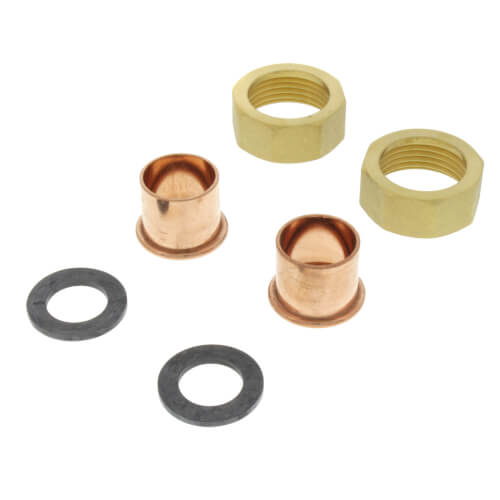 Taco UFS-075S union sweat fitting kit with two brass nuts, two copper sleeves, and two rubber washers.