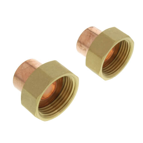 Two brass sweat fitting unions with copper tubes and threaded female connectors.