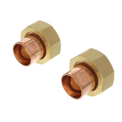 Two brass union sweat fittings with copper end connections for 3/4" pipes.