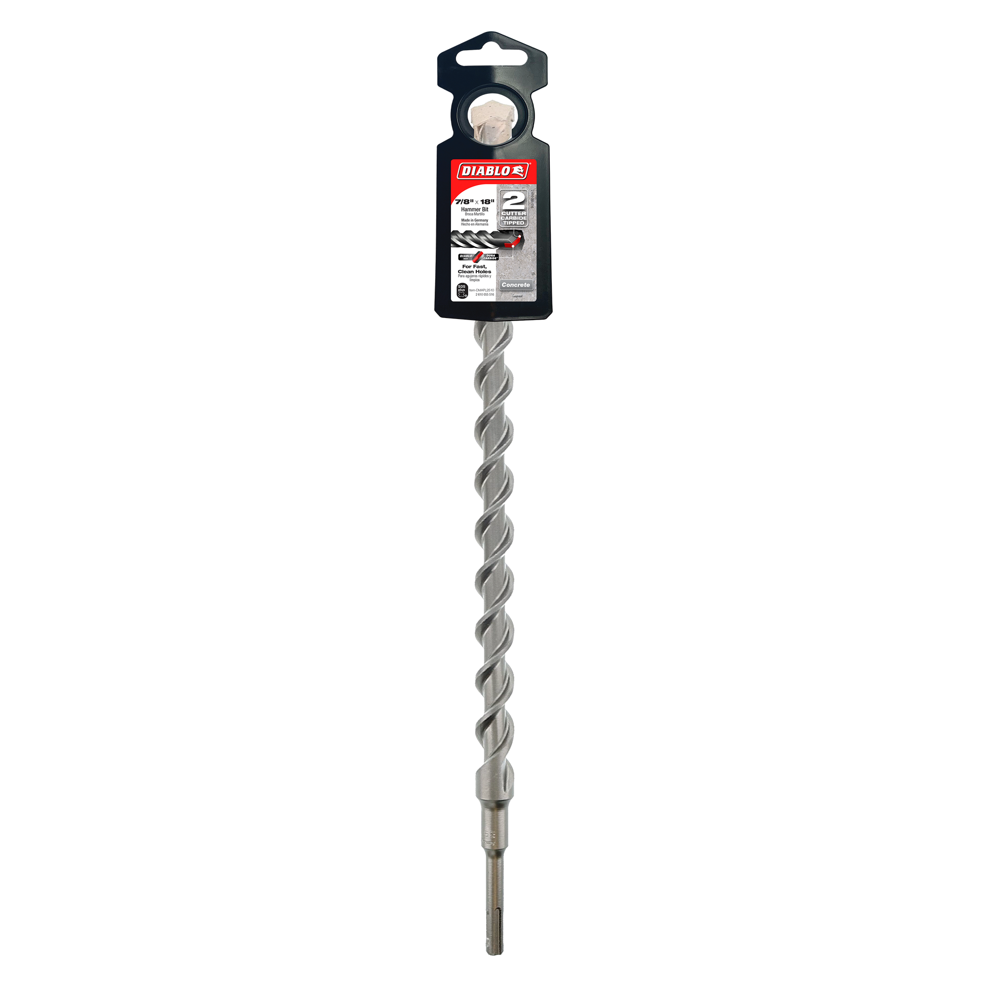 Diablo SDS-Plus 2-cutter hammer drill bit with black plastic packaging at top and spiral flutes along gray metal shaft.