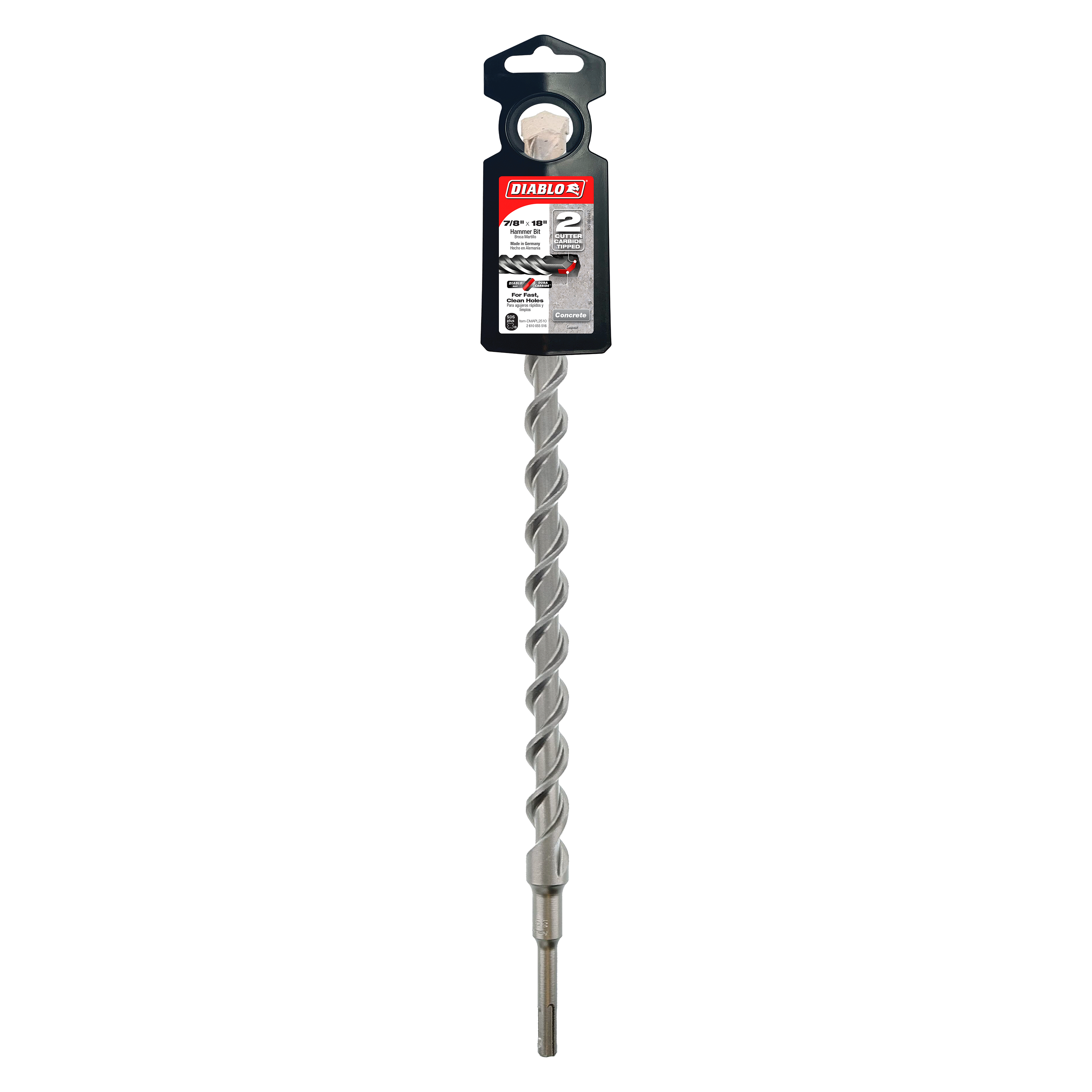 Diablo SDS-Plus 2-cutter hammer drill bit with black plastic packaging at top and spiral flutes along gray metal shaft.