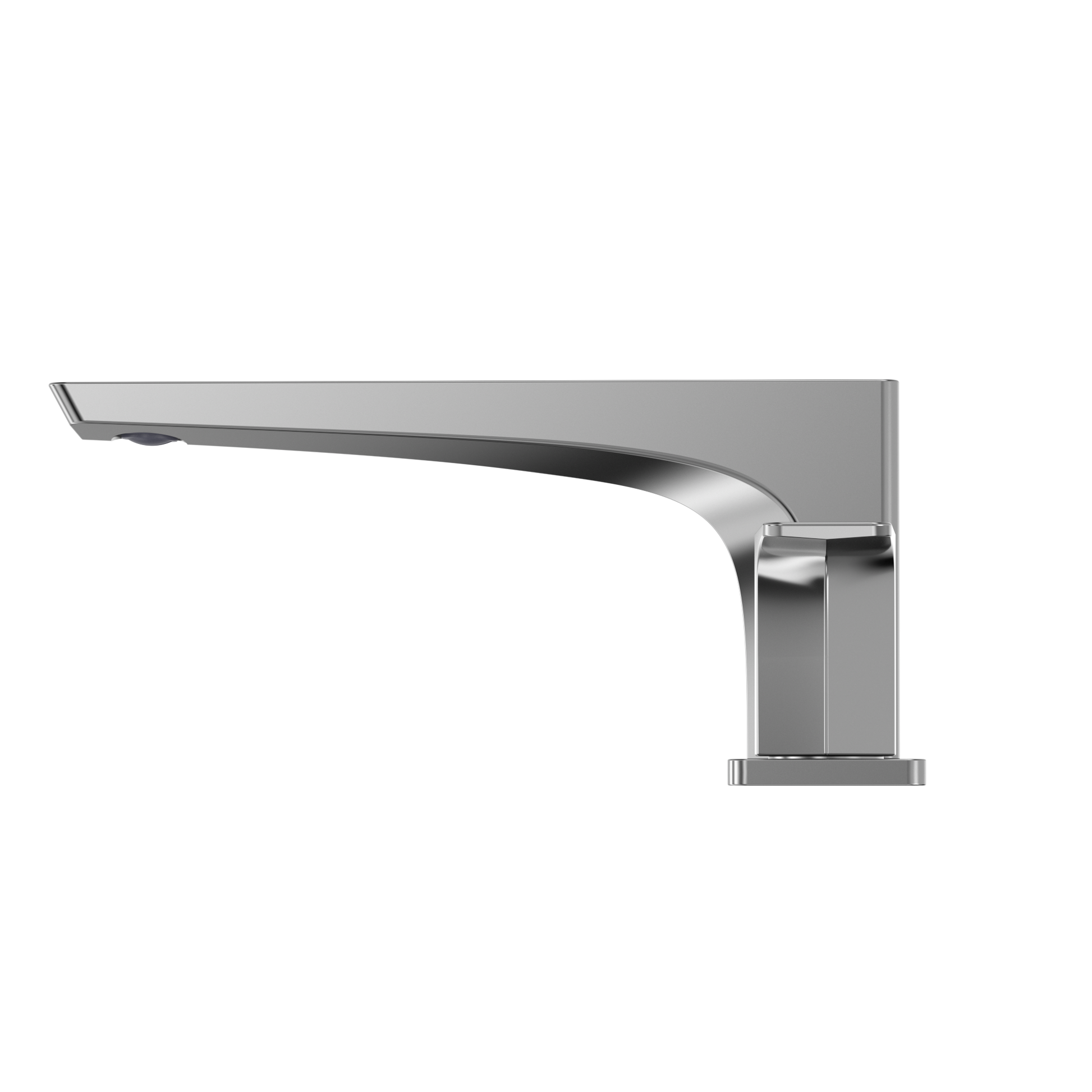 Polished chrome deck-mount roman tub filler with curved spout and single vertical handle.