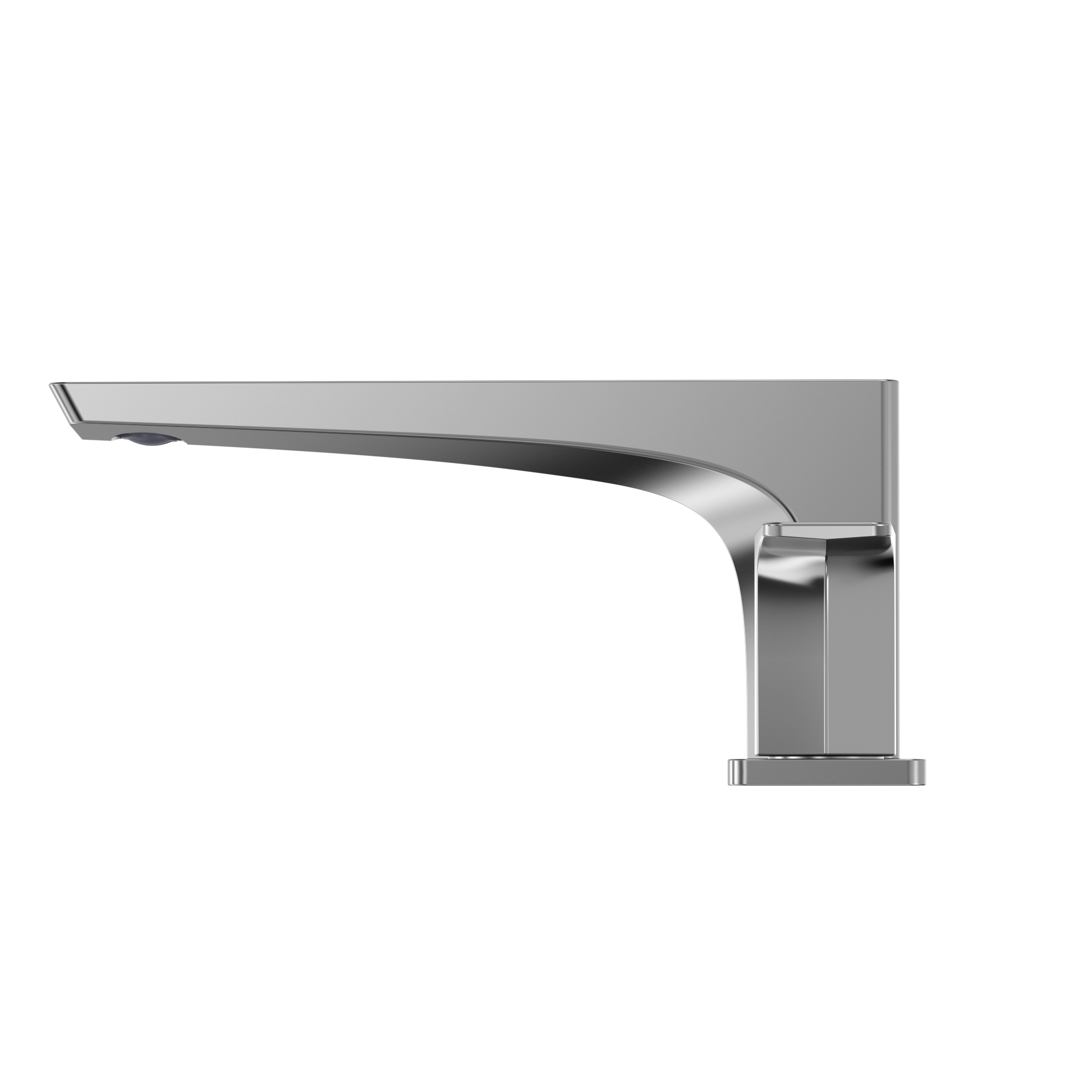 Polished chrome deck-mount roman tub filler with curved spout and single vertical handle.