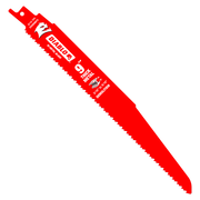 Red bi-metal reciprocating saw blade with serrated cutting edge and mounting hole at top.
