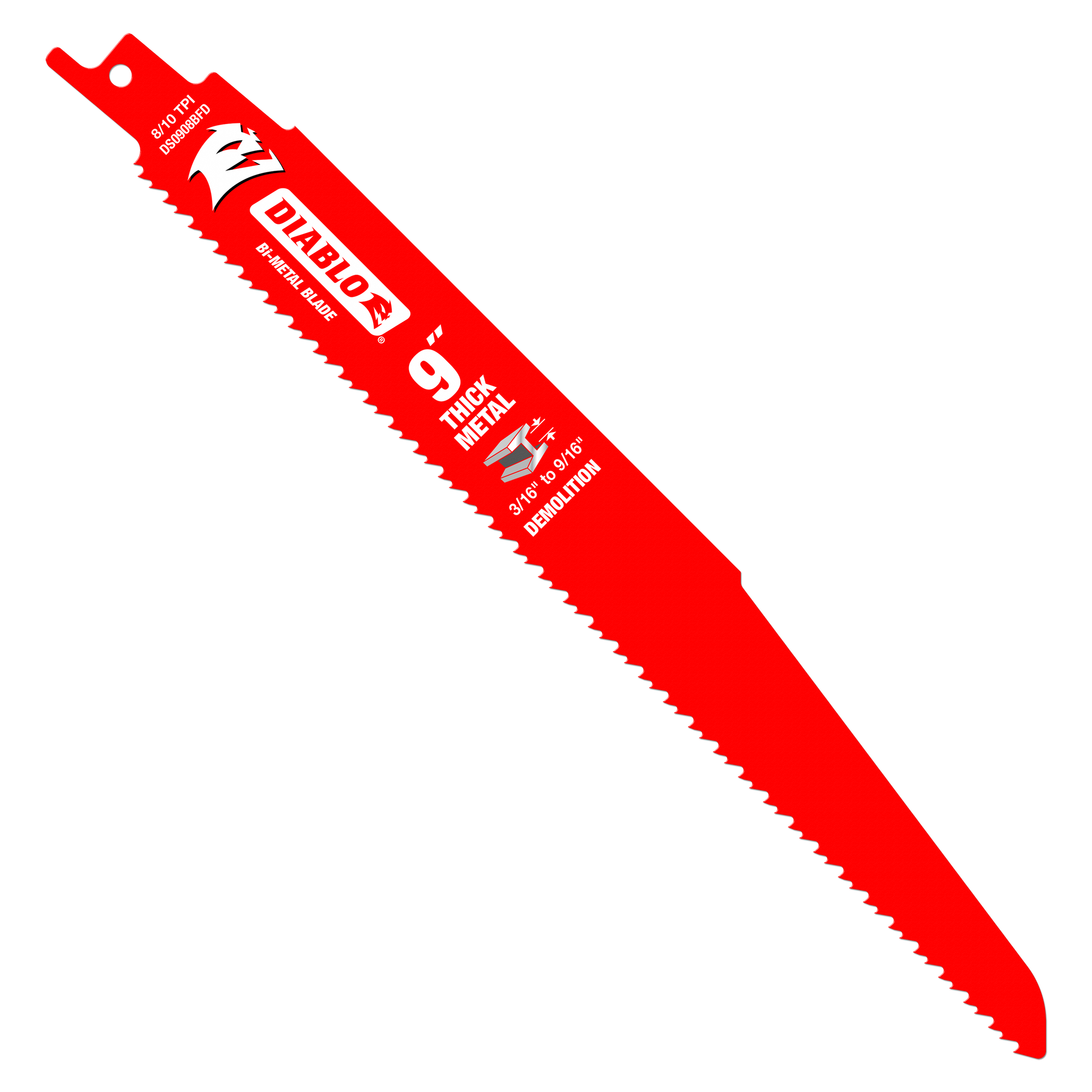 Red bi-metal reciprocating saw blade with serrated cutting edge and mounting hole at top.