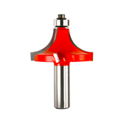Red rounding over router bit with metal shaft and silver collar on white background.
