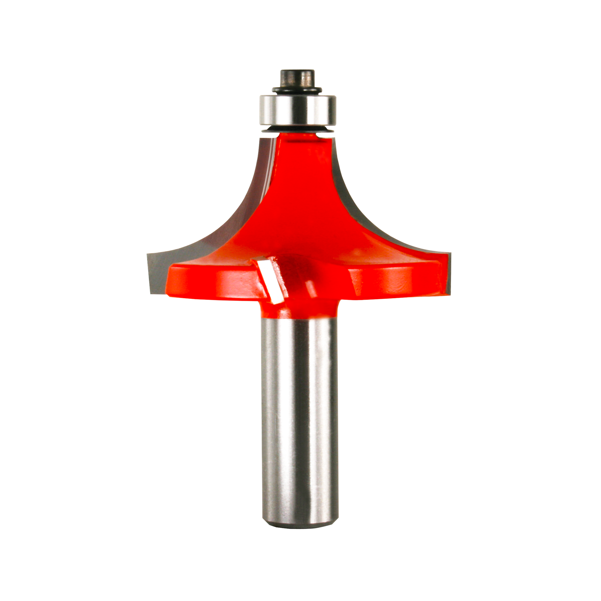 Red rounding over router bit with metal shaft and silver collar on white background.