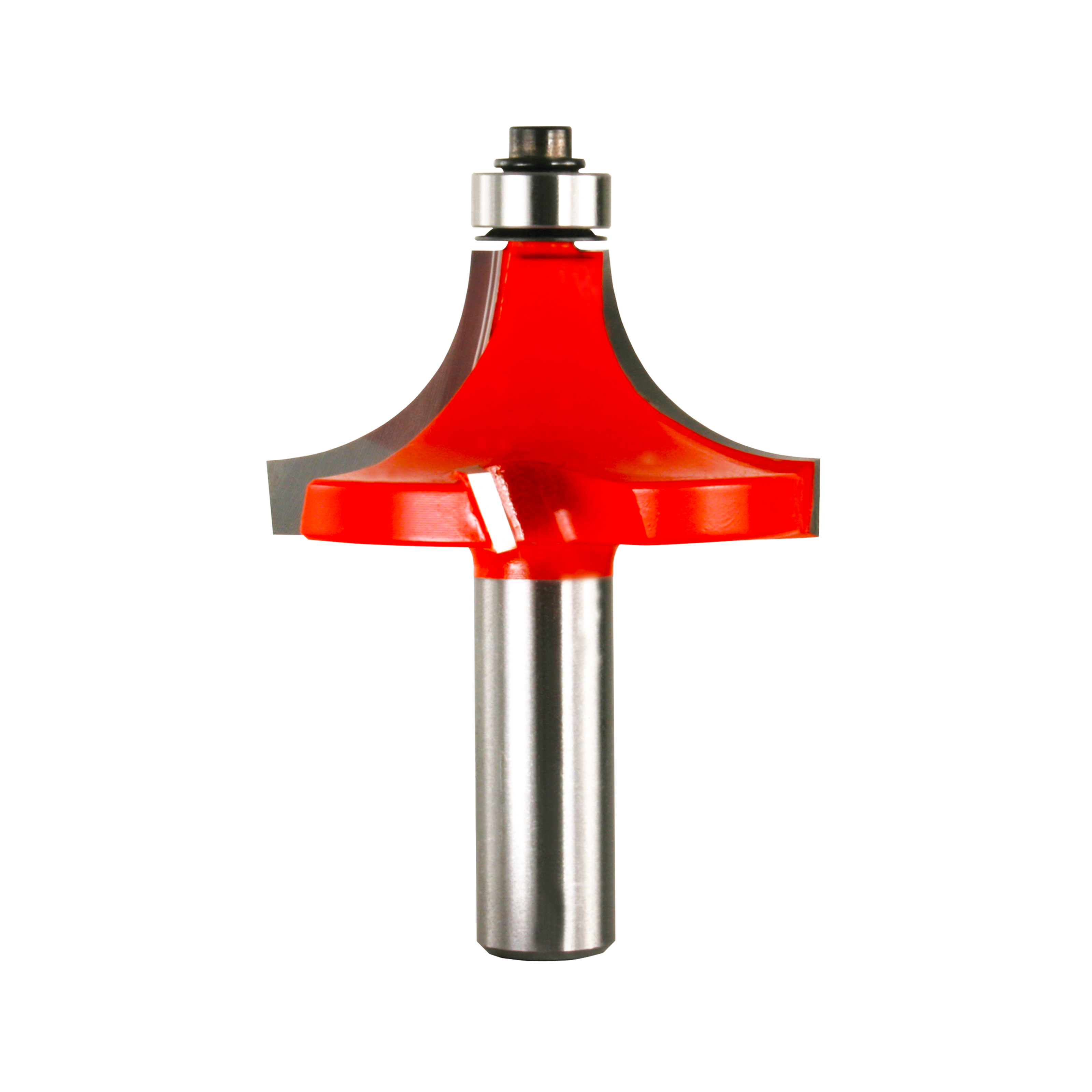 Red rounding over router bit with metal shaft and silver collar on white background.