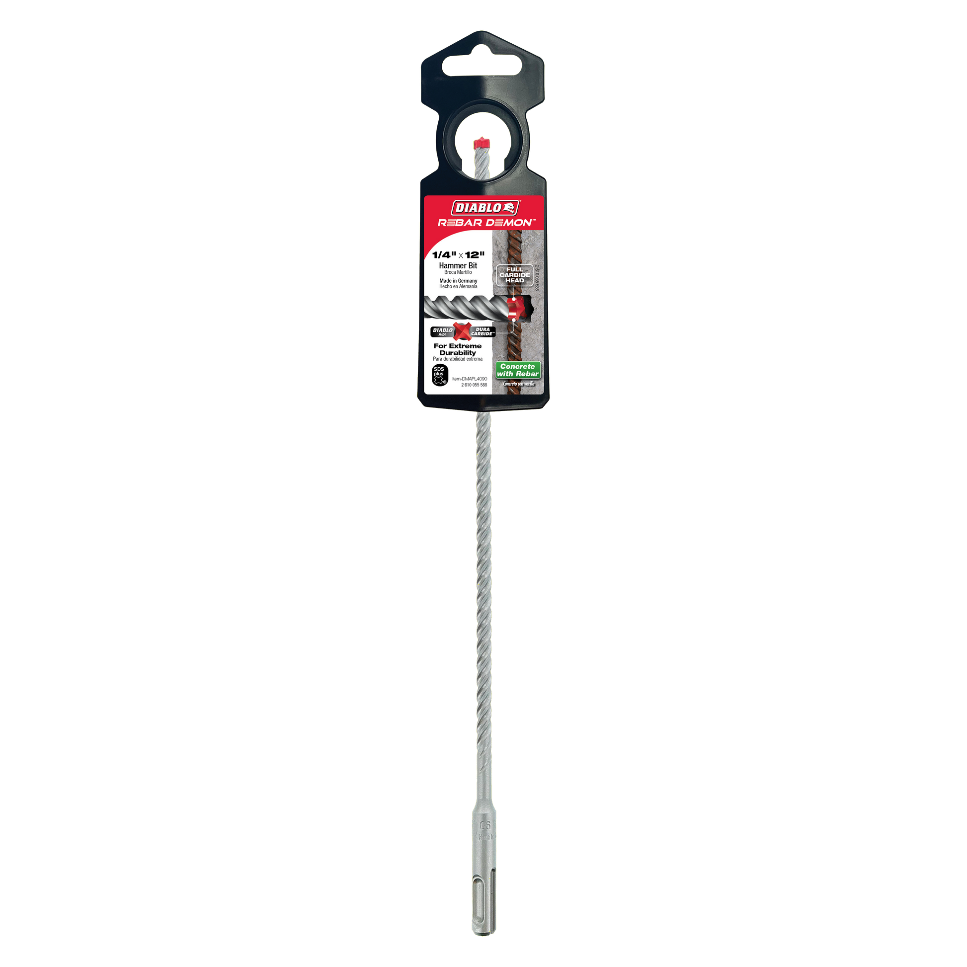 Diablo Rebar Demon 1/4-inch SDS-Plus hammer drill bit with carbide head and spiral flutes in packaging.