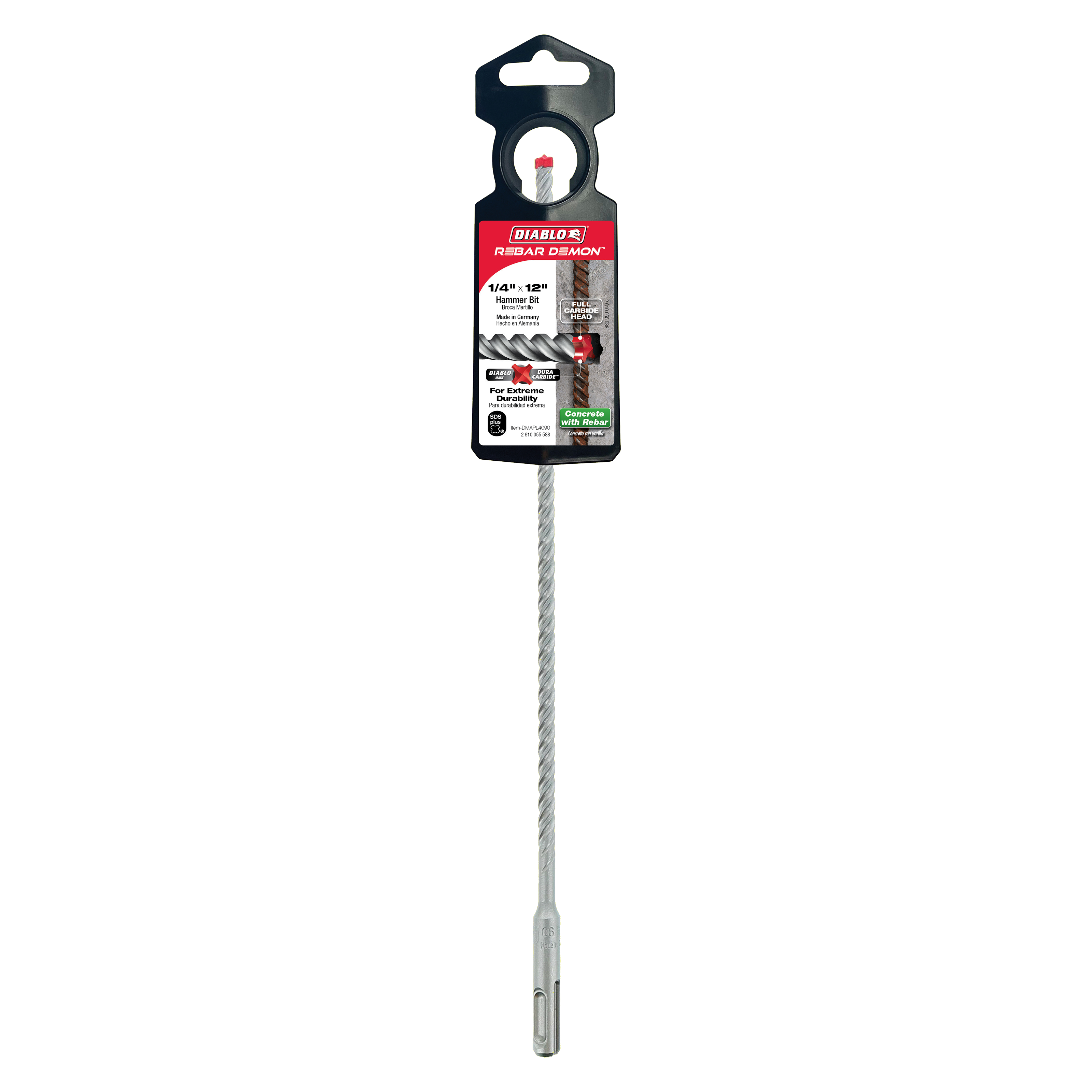 Diablo Rebar Demon 1/4-inch SDS-Plus hammer drill bit with carbide head and spiral flutes in packaging.