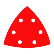Red triangular sanding sheet with six white circular holes for attachment.