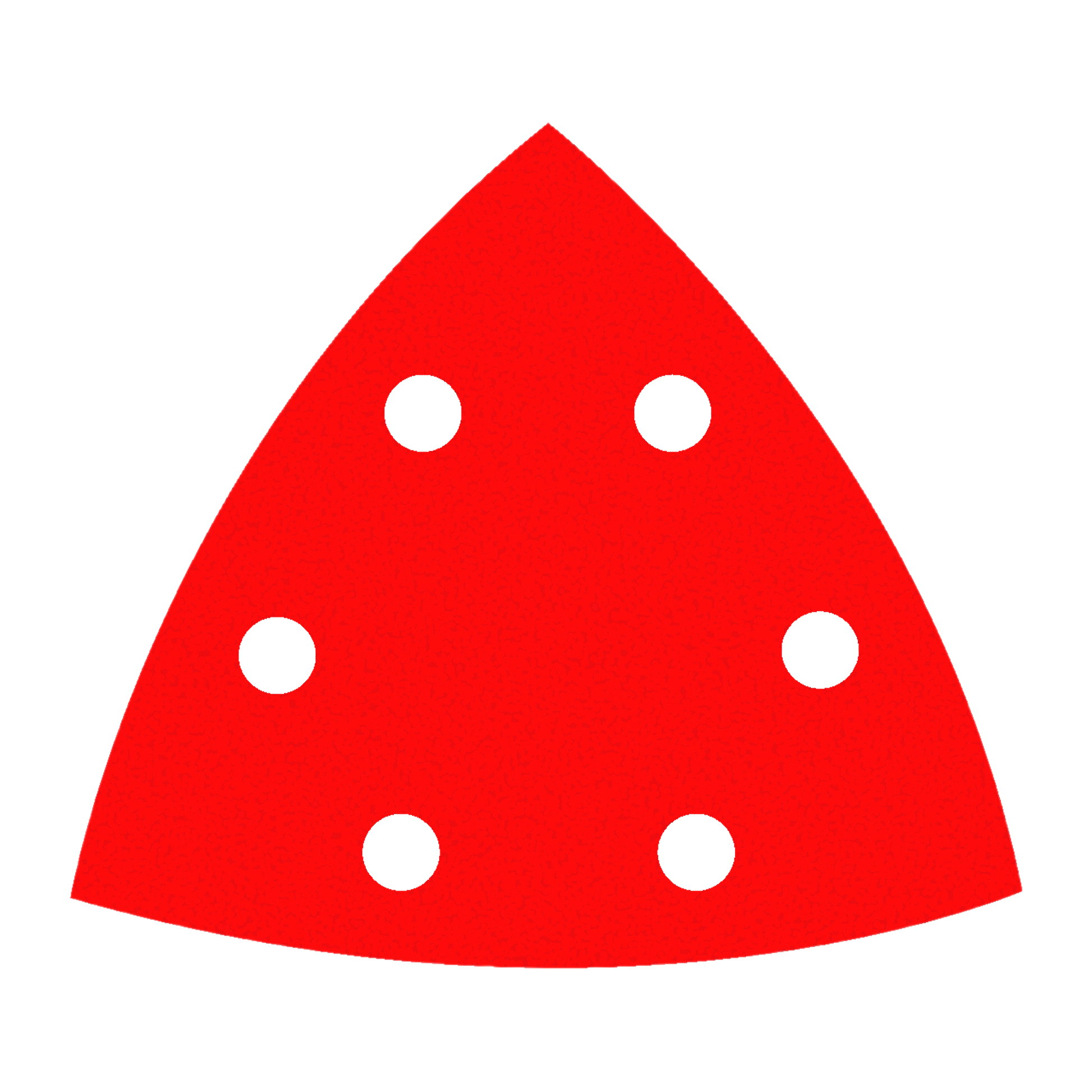 Red triangular sanding sheet with six white circular holes for attachment.