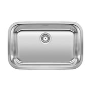 Stainless steel single bowl undermount sink with rounded corners and circular drain basket.