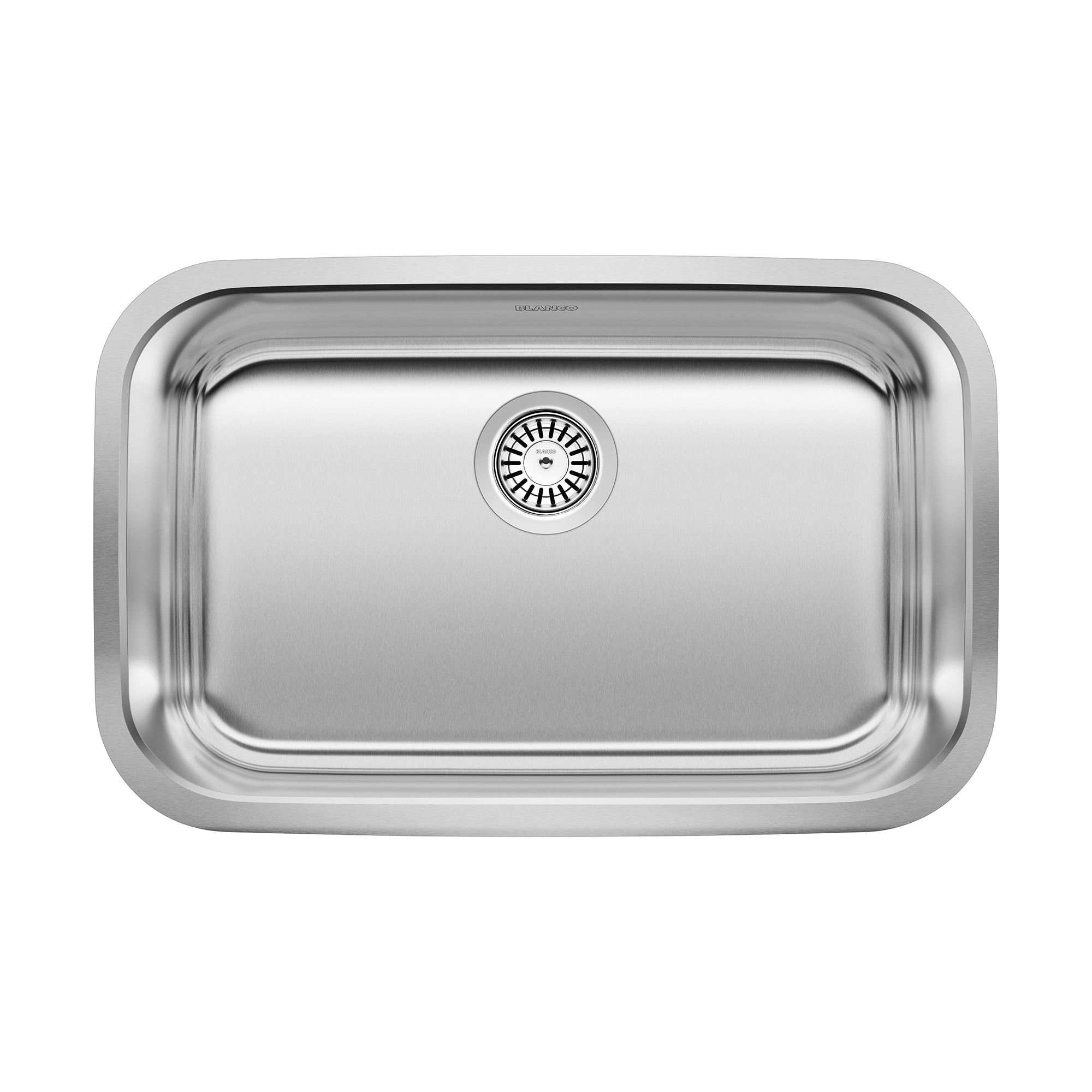 Stainless steel single bowl undermount sink with rounded corners and circular drain basket.