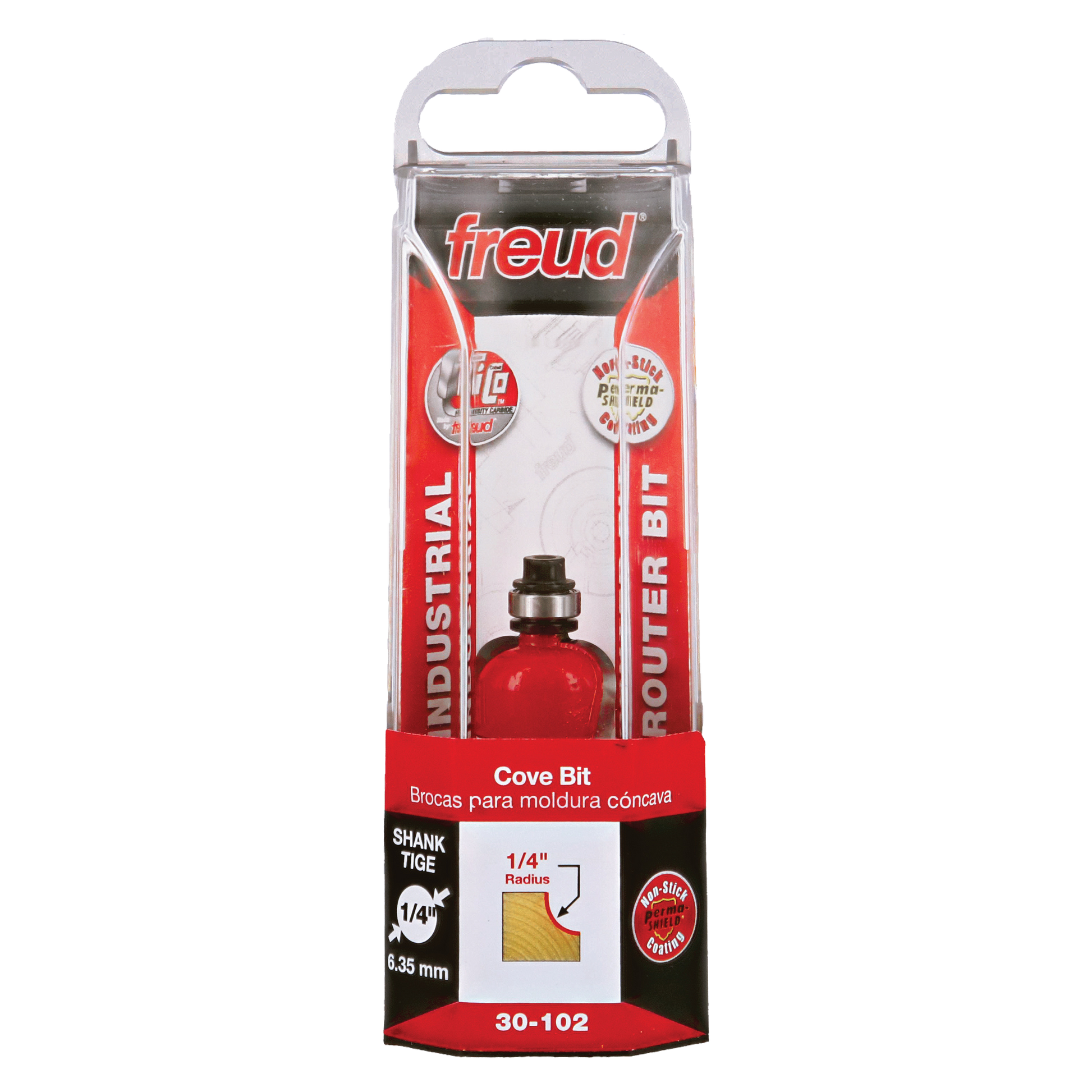 Freud 1/4" radius cove bit with red body, silver shank, and 1/4" TIGE shank in clear plastic packaging.