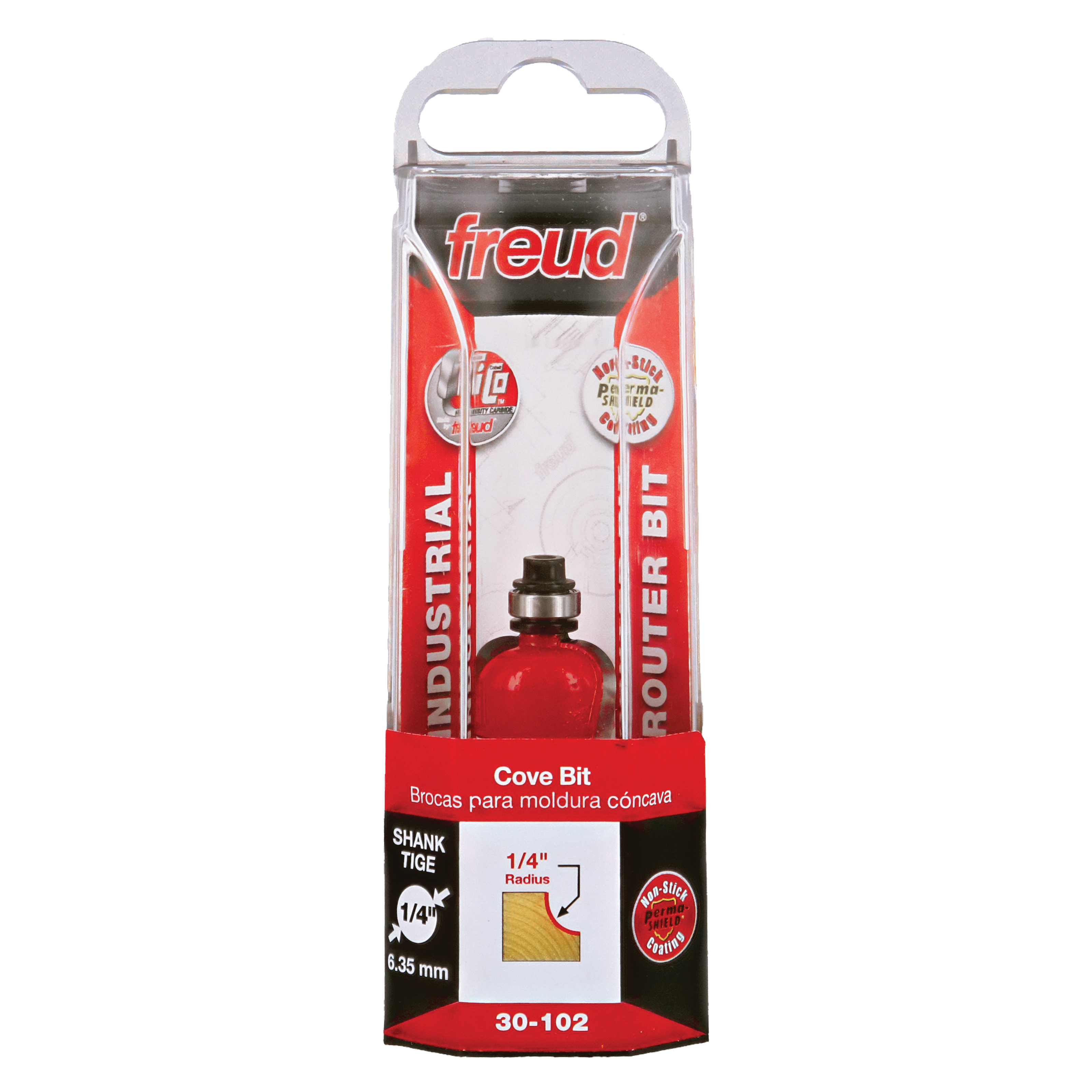 Freud 1/4" radius cove bit with red body, silver shank, and 1/4" TIGE shank in clear plastic packaging.
