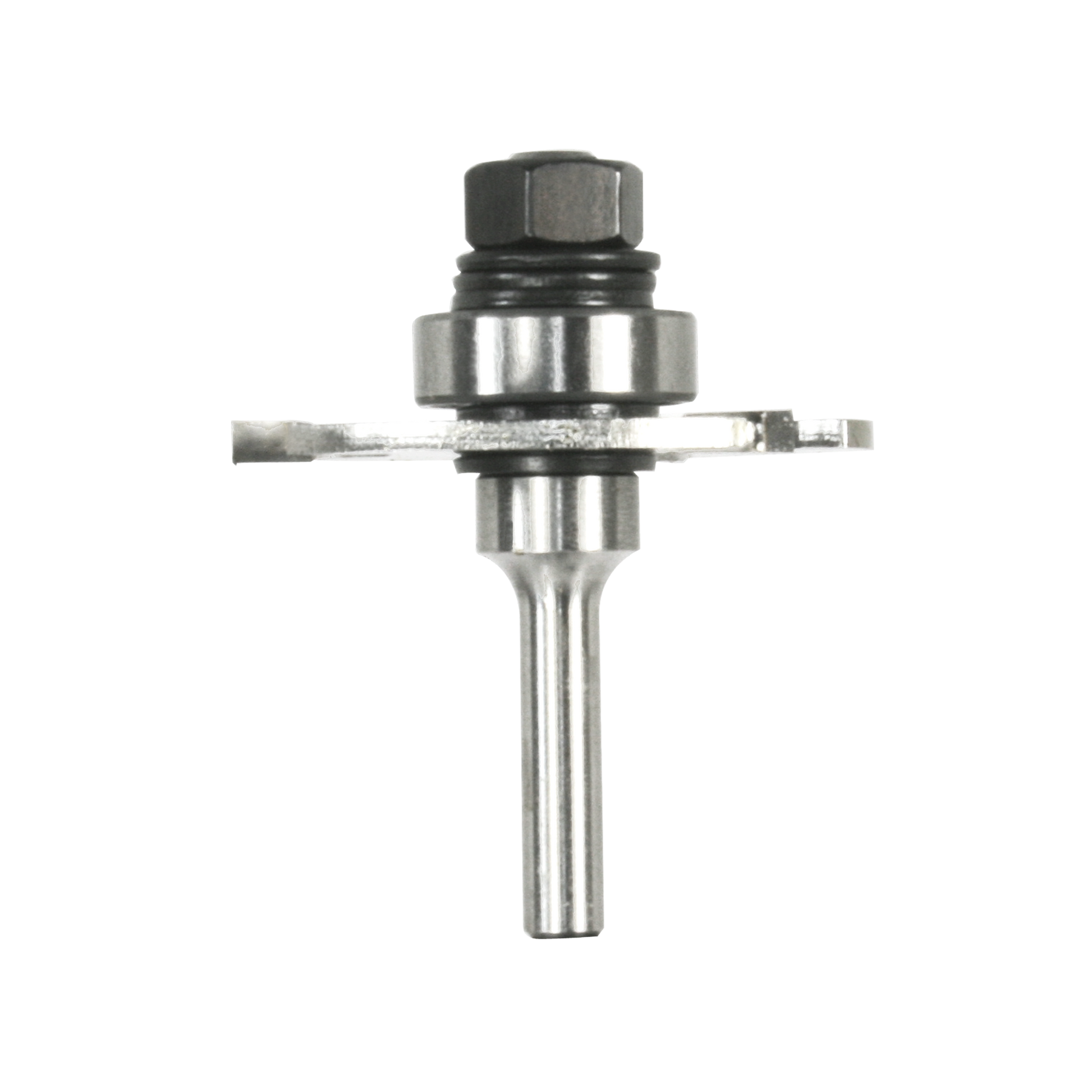 Metal slotting cutter with hexagonal nut head, cylindrical body, and horizontal cutting blade attached to shaft.