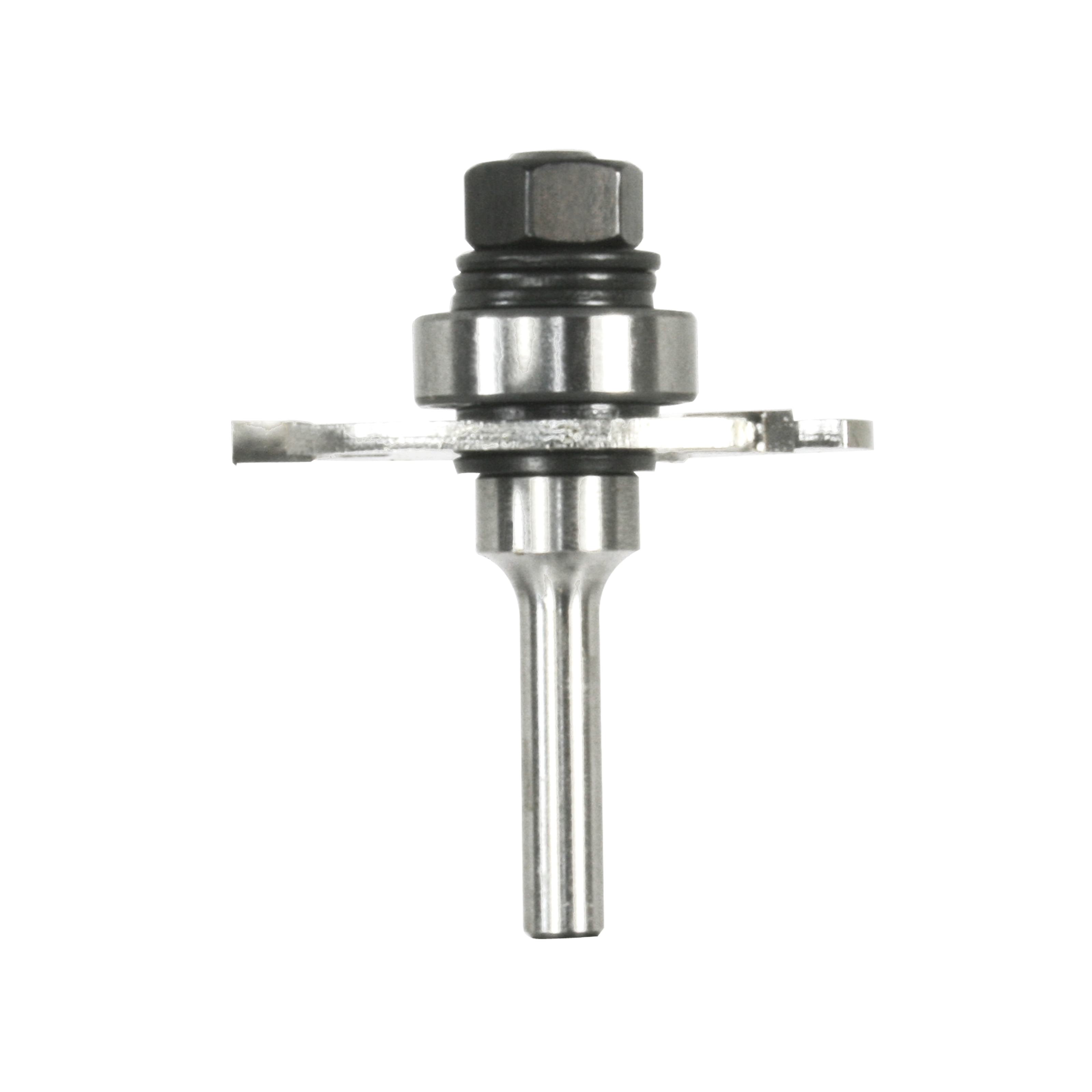 Metal slotting cutter with hexagonal nut head, cylindrical body, and horizontal cutting blade attached to shaft.