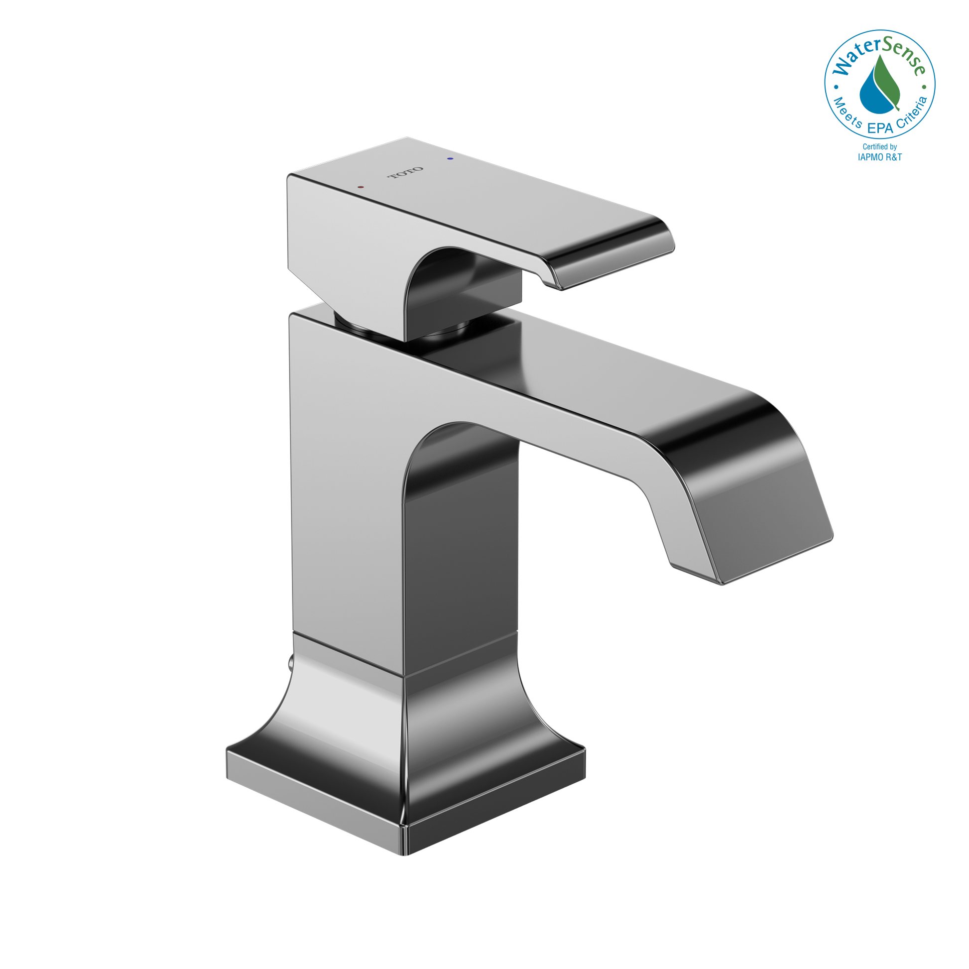 Polished chrome single-handle bathroom sink faucet with curved spout and rectangular base.