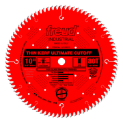 Red circular saw blade with 80 teeth, 10" diameter, 5/8" arbor, marked "Thin Kerf Ultimate Cutoff" for glass smooth finishes.