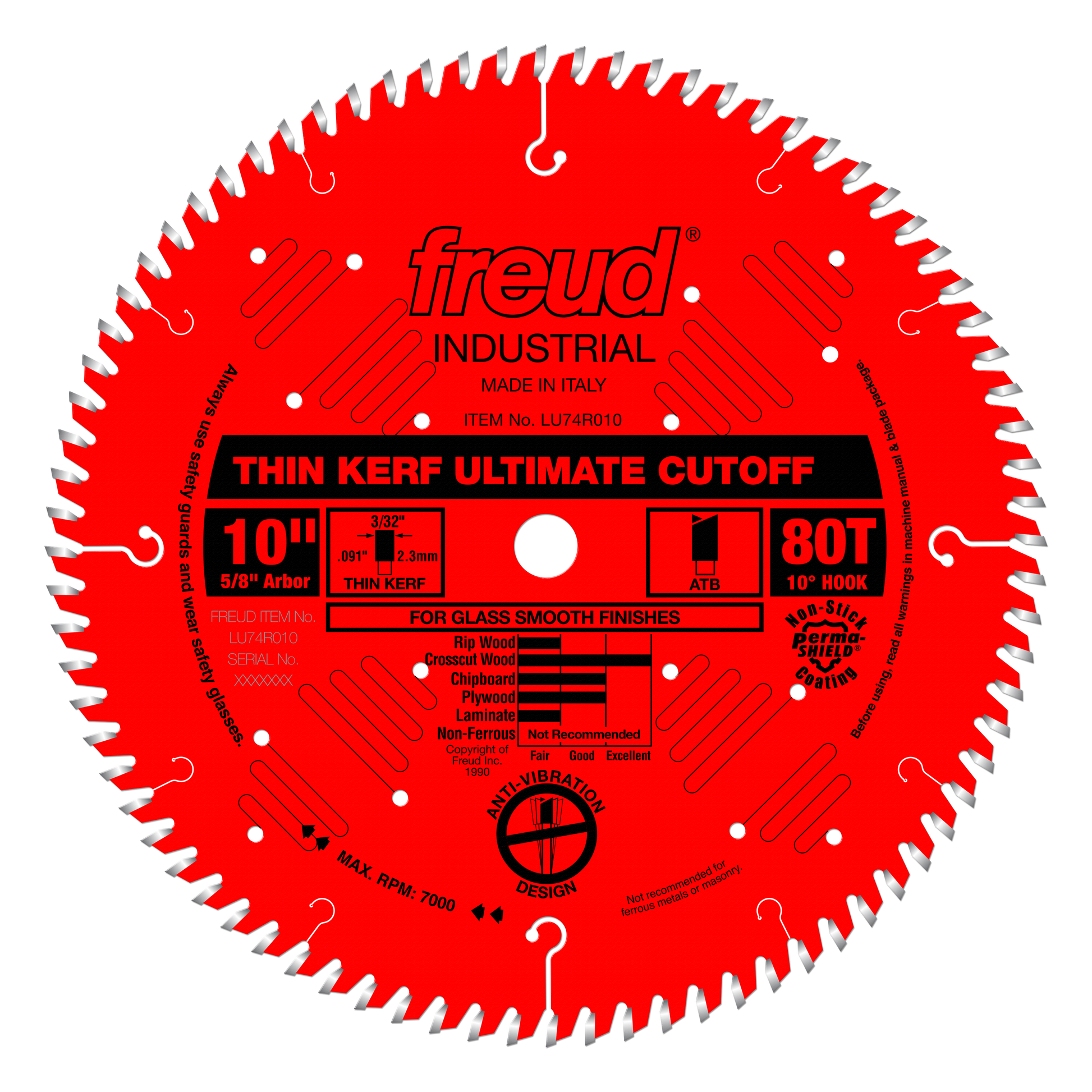 Red circular saw blade with 80 teeth, 10" diameter, 5/8" arbor, marked "Thin Kerf Ultimate Cutoff" for glass smooth finishes.