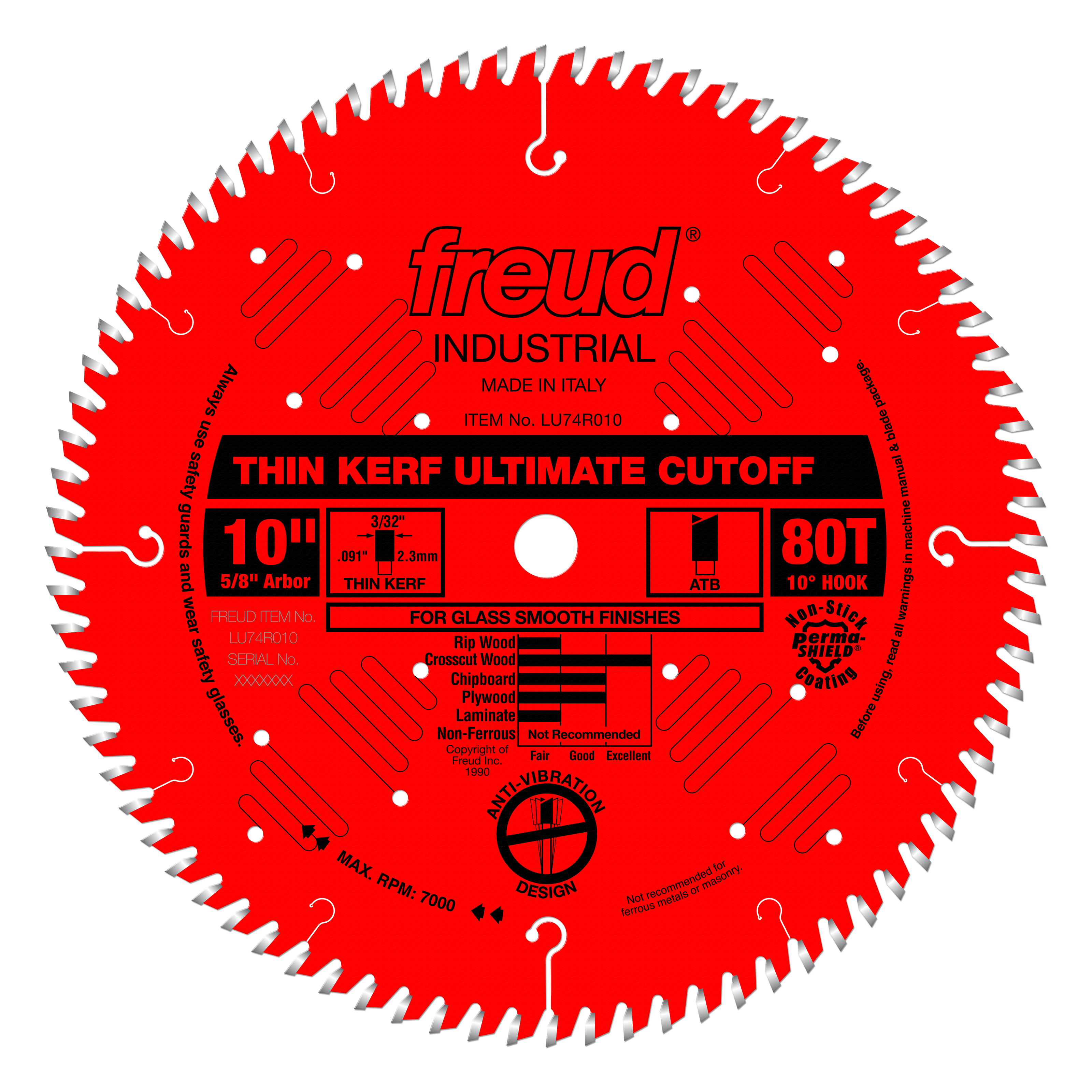 Red circular saw blade with 80 teeth, 10" diameter, 5/8" arbor, marked "Thin Kerf Ultimate Cutoff" for glass smooth finishes.