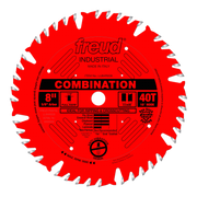 Red circular saw blade with 40 teeth, 8" diameter, 5/8" arbor, labeled Freud Industrial combination blade for ripping and cro