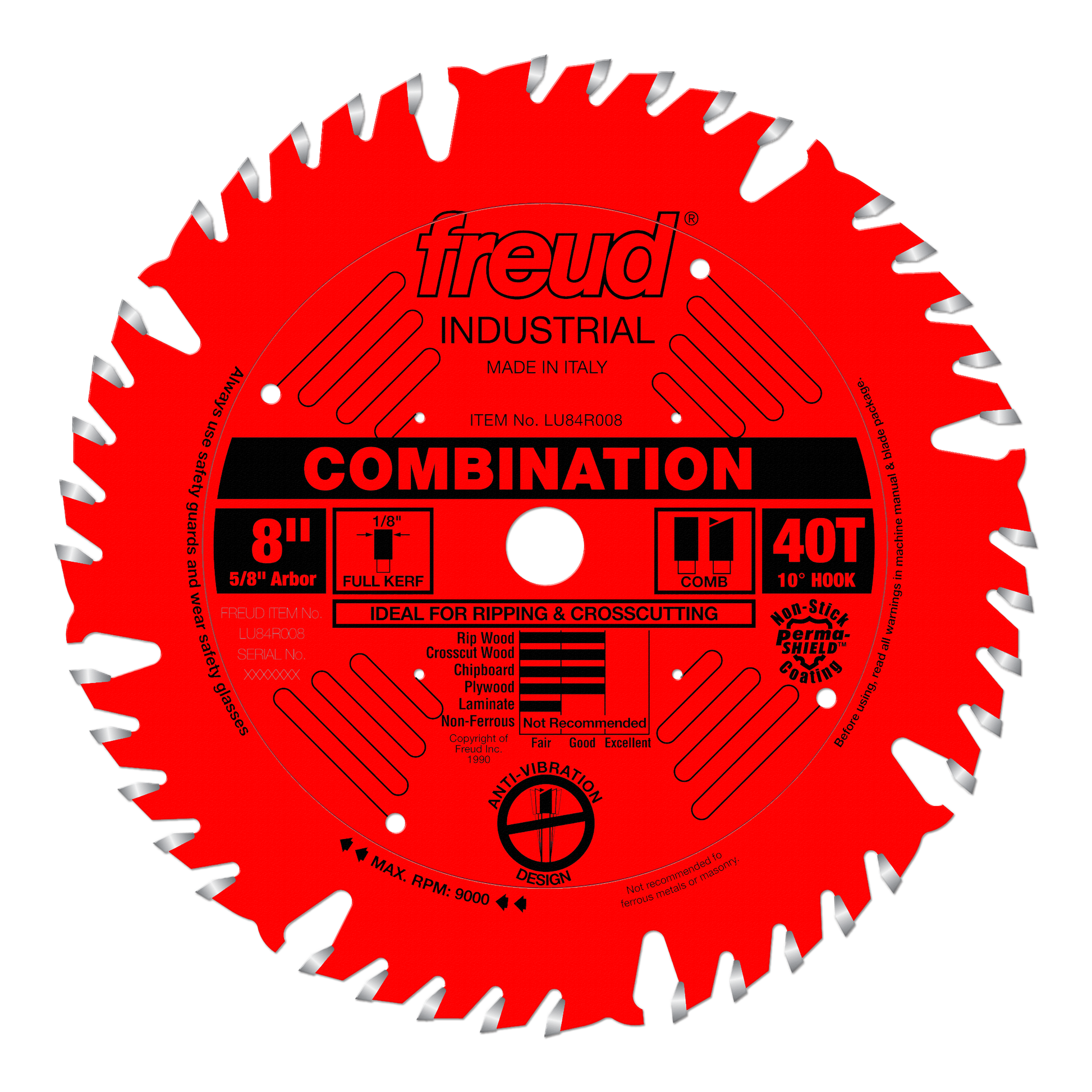 Red circular saw blade with 40 teeth, 8" diameter, 5/8" arbor, labeled Freud Industrial combination blade for ripping and cro