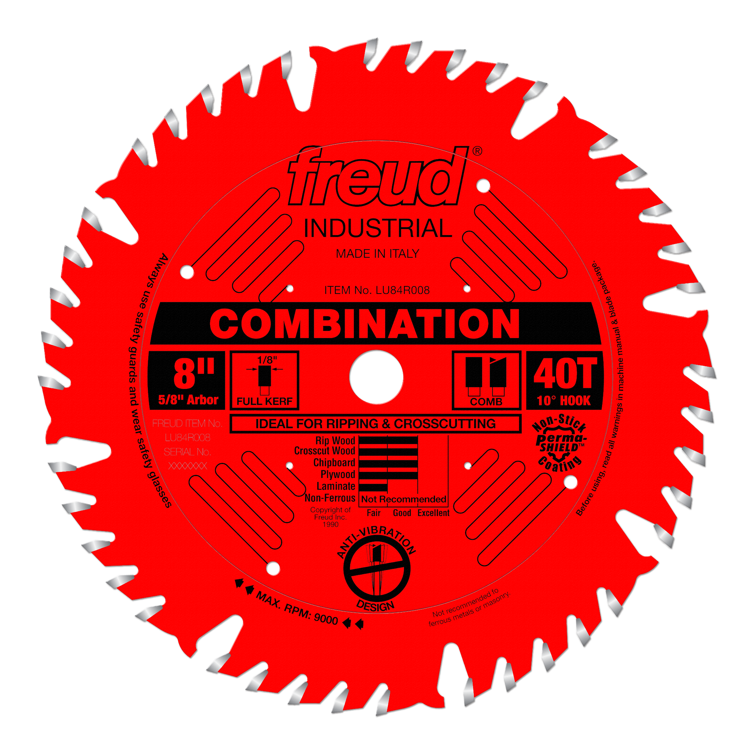 Red circular saw blade with 40 teeth, 8" diameter, 5/8" arbor, labeled Freud Industrial combination blade for ripping and cro