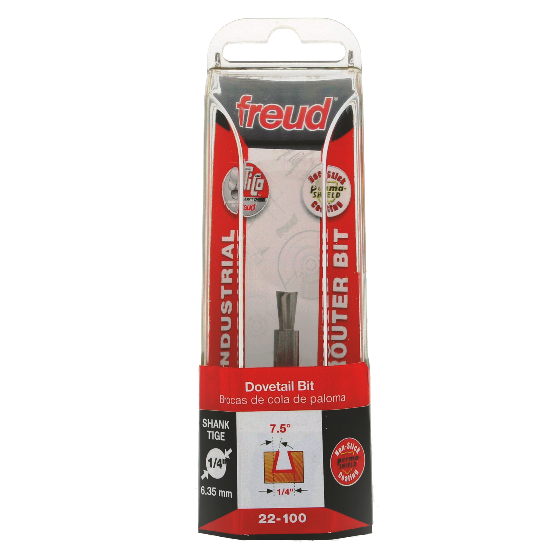 Freud 22-100 dovetail bit with 1/4" shank in clear plastic packaging with red and black labeling.