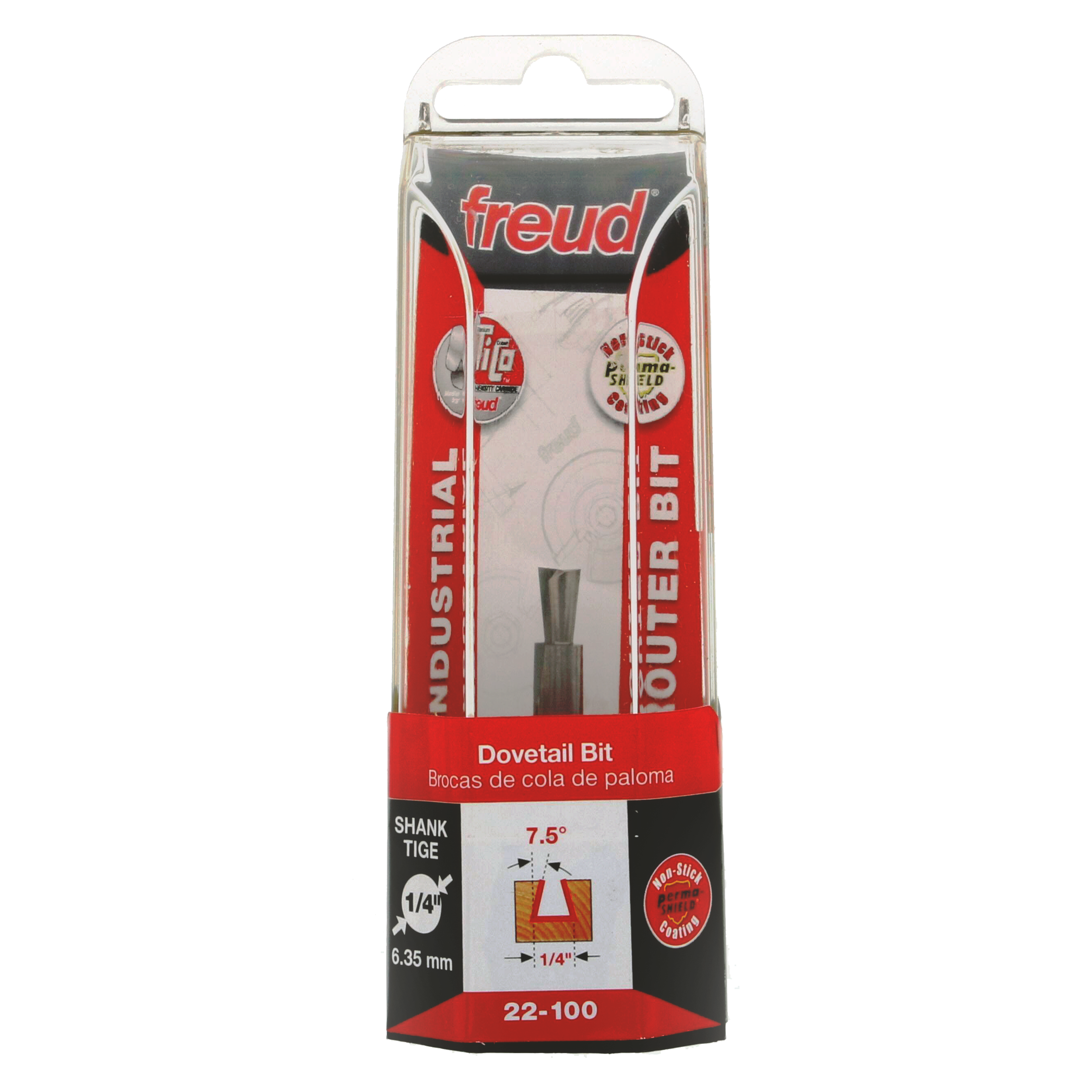 Freud 22-100 dovetail bit with 1/4" shank in clear plastic packaging with red and black labeling.