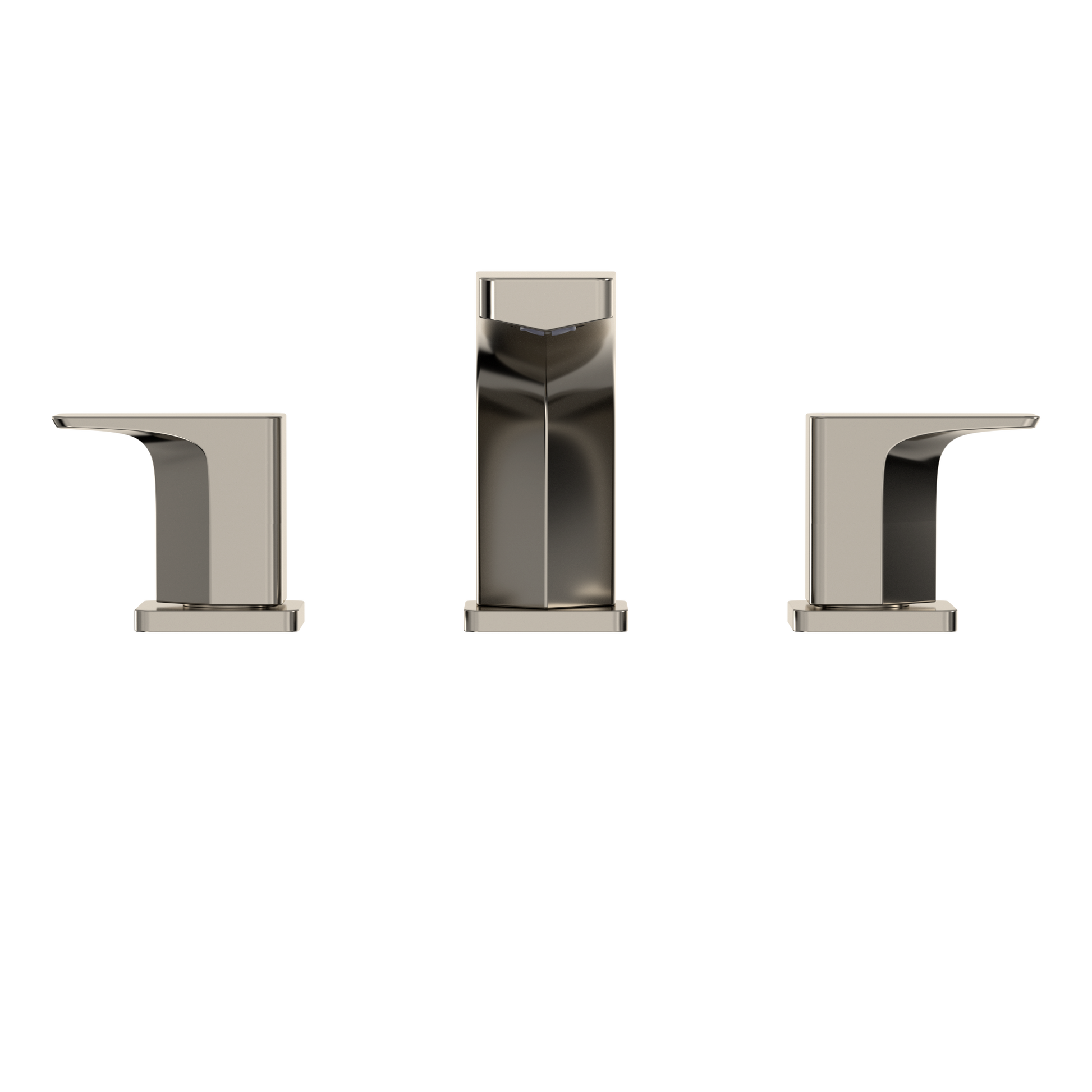 Polished nickel two-handle deck-mount roman tub filler trim with central spout and side handles.