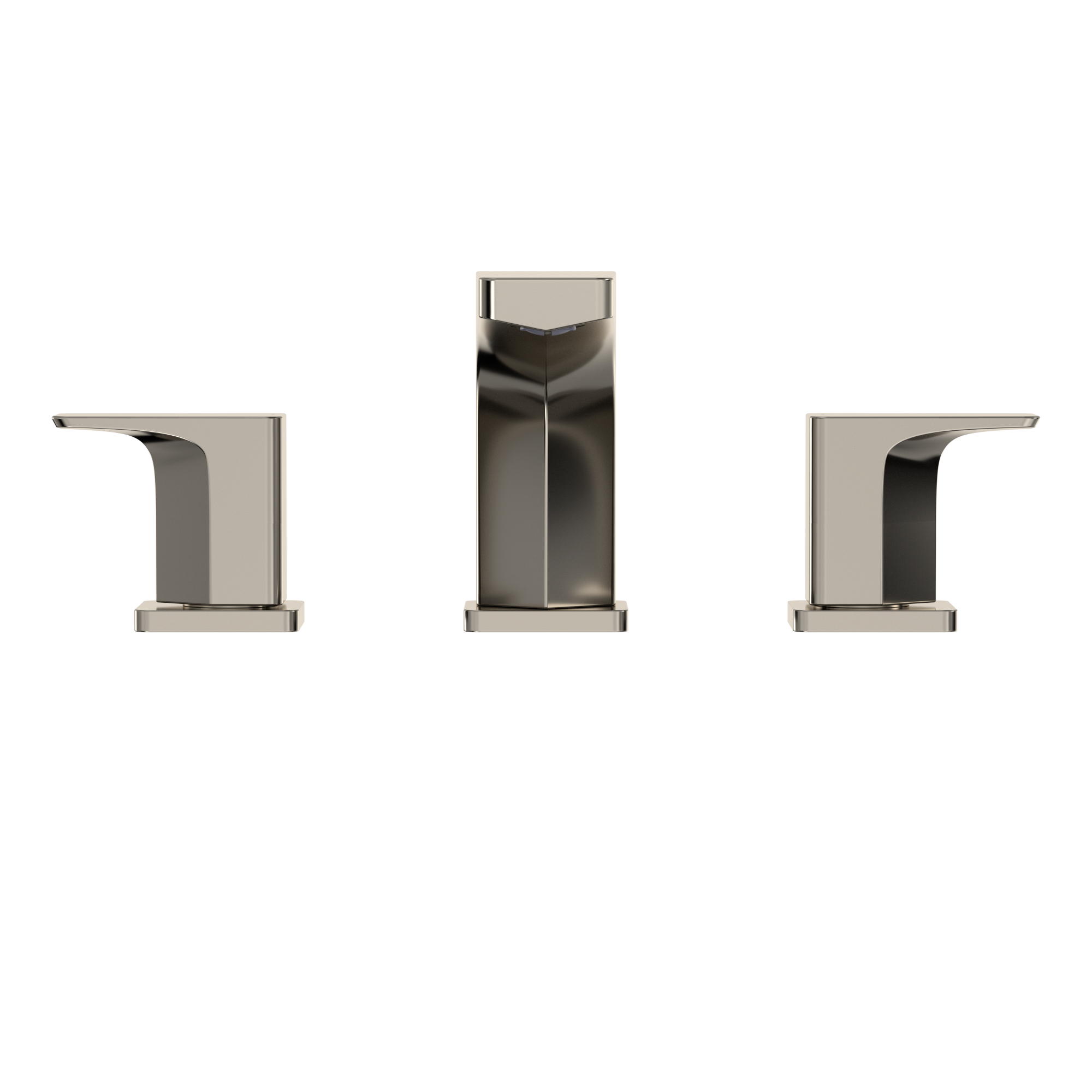 Polished nickel two-handle deck-mount roman tub filler trim with central spout and side handles.