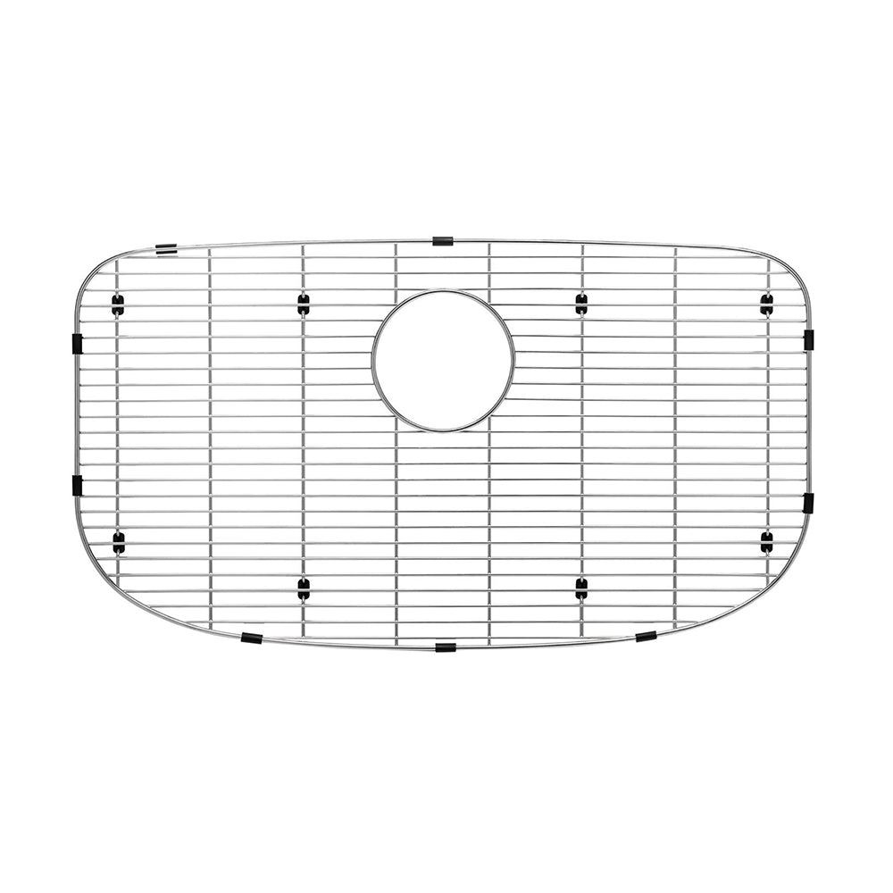 Stainless steel sink grid with horizontal bars, circular drain hole, and black rubber feet for sink basin protection.