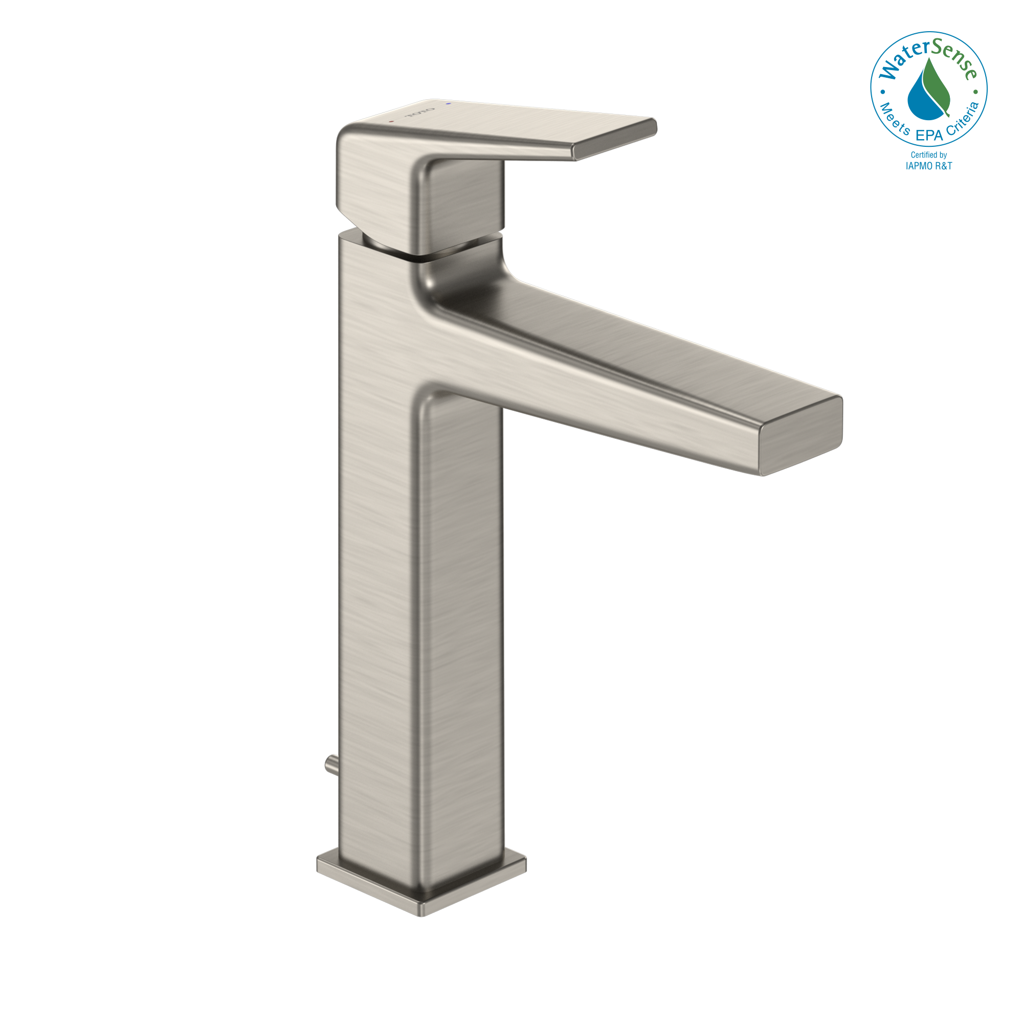 Brushed nickel single-handle bathroom sink faucet with tall rectangular body and angular spout.