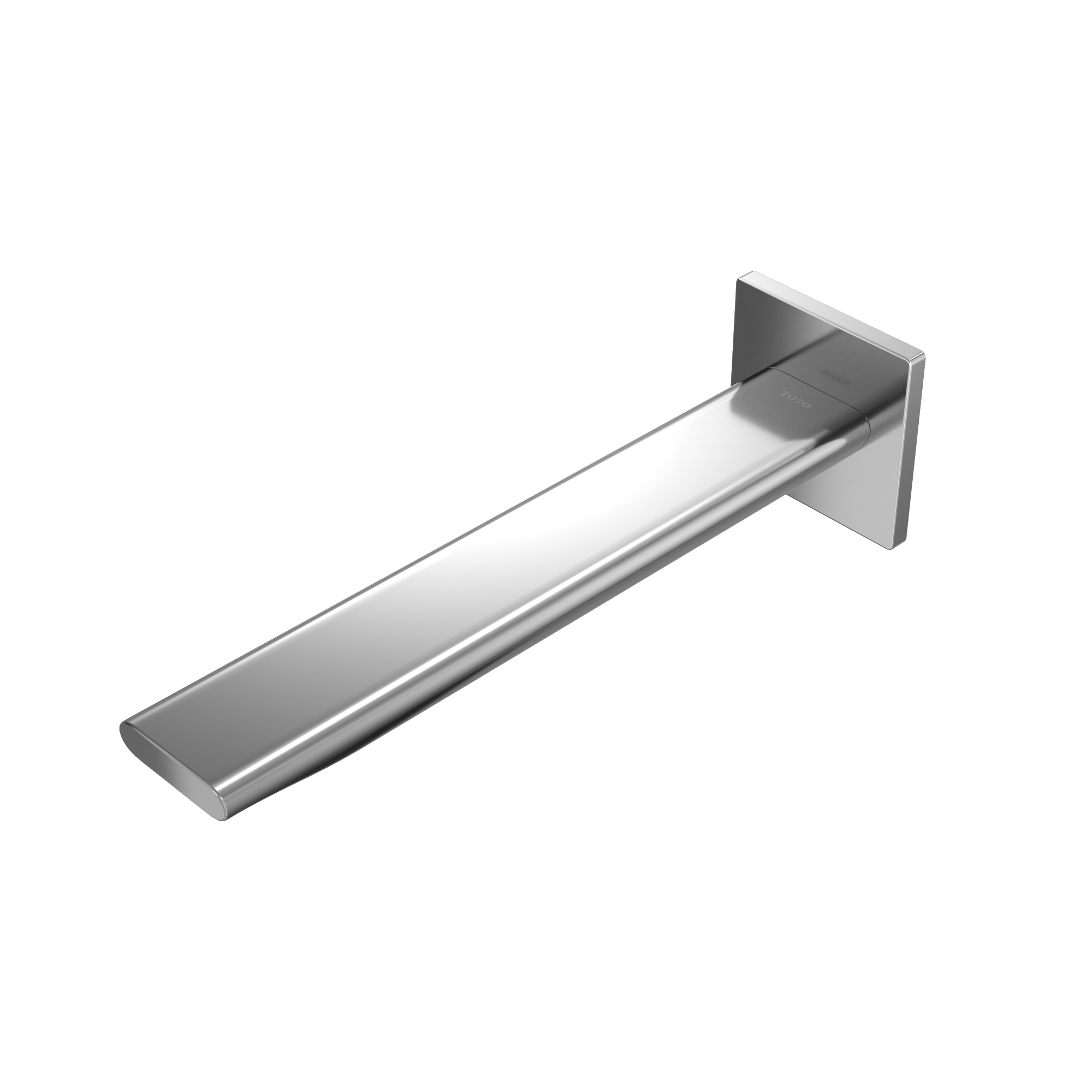 Polished chrome wall-mounted bathroom faucet spout with rectangular mounting plate and angled outlet.