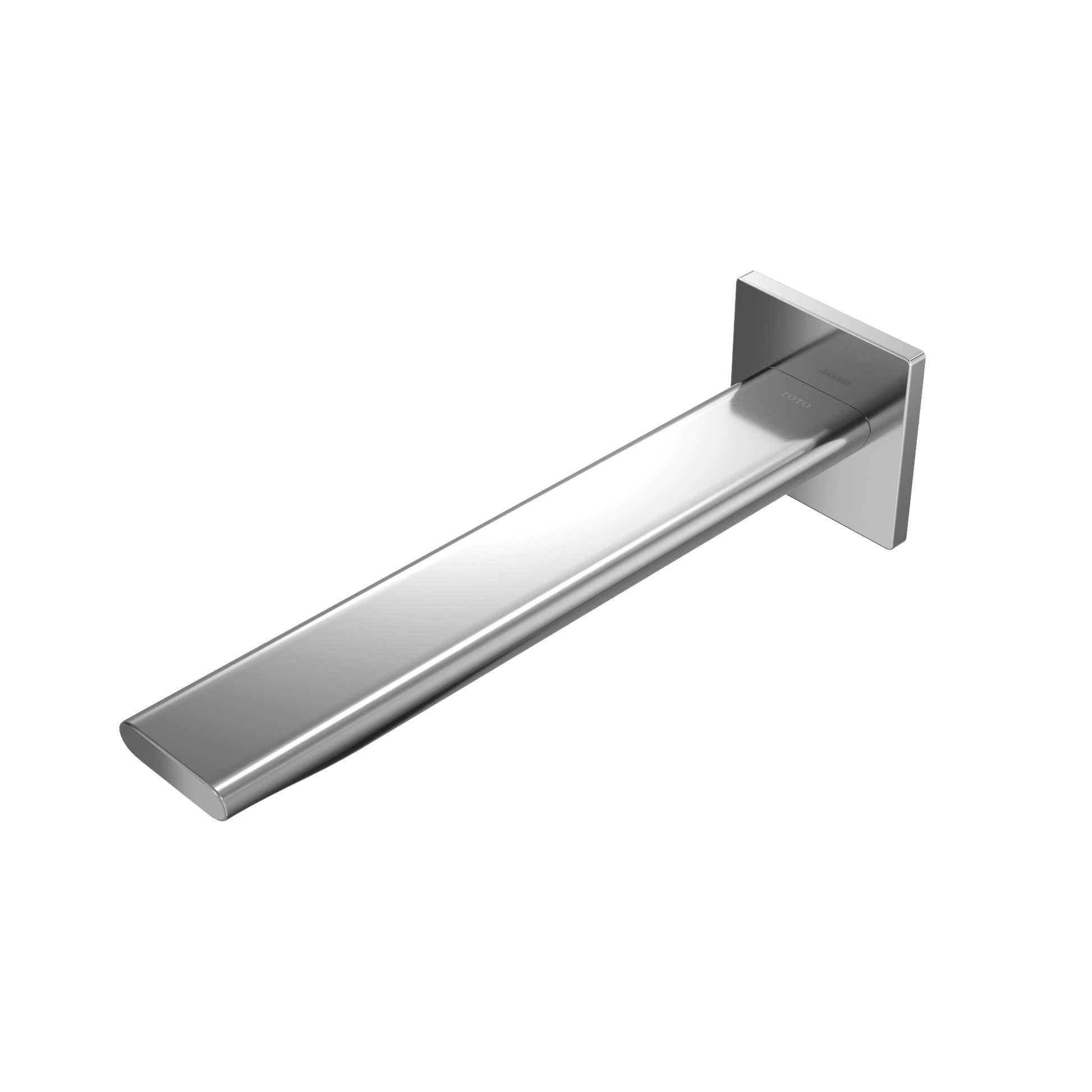 Polished chrome wall-mounted touchless bathroom faucet with rectangular spout and square mounting plate.
