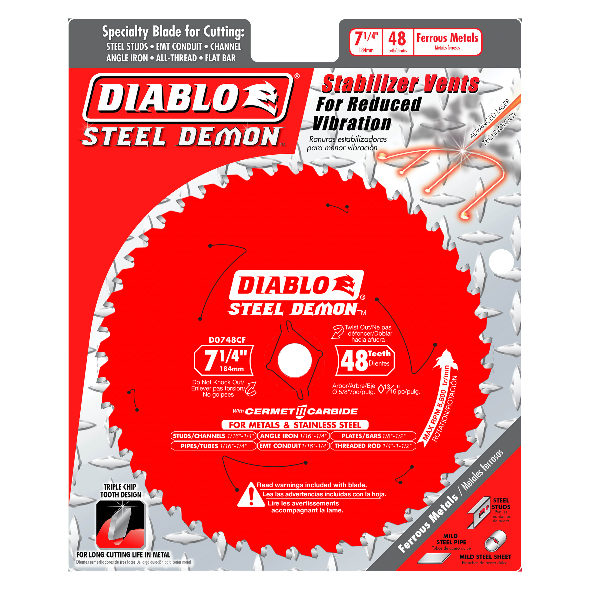 Diablo Steel Demon 7-1/4 inch circular saw blade with 48 carbide teeth on red packaging showing specifications for metal cutt