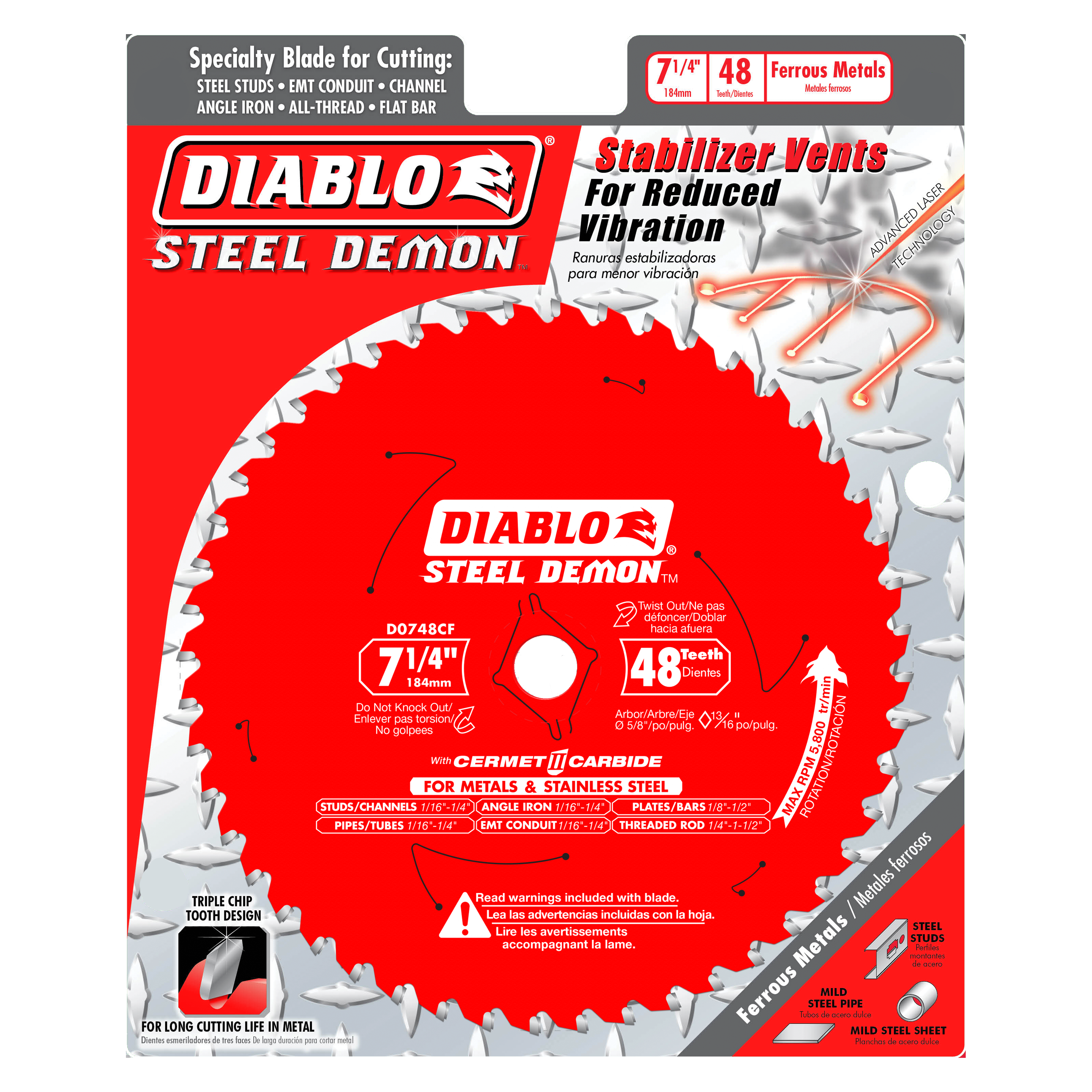 Diablo Steel Demon 7-1/4 inch circular saw blade with 48 carbide teeth on red packaging showing specifications for metal cutt