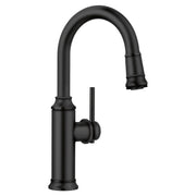 Matte black pull-down bar faucet with curved spout and side lever handle.