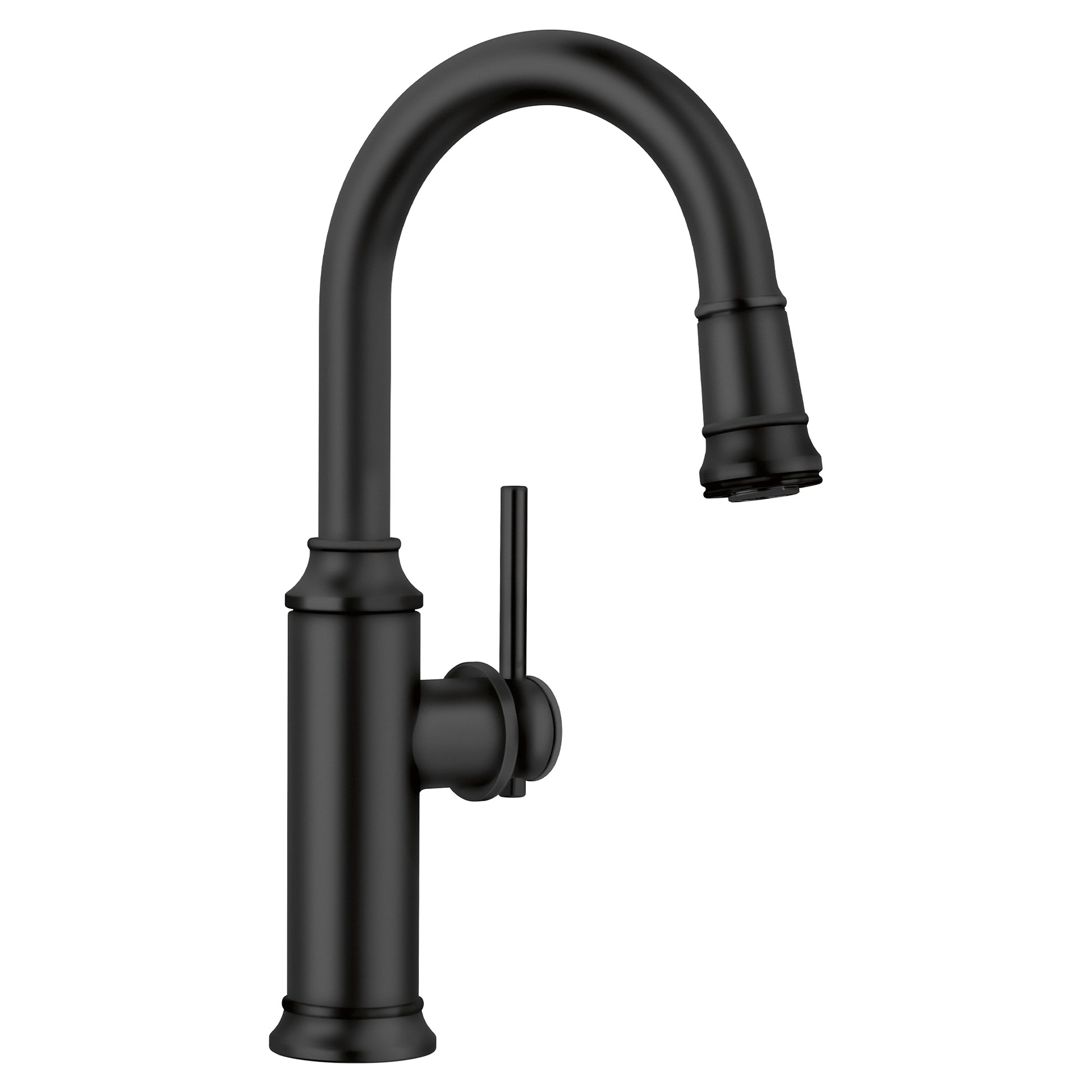 Matte black pull-down bar faucet with curved spout and side lever handle.