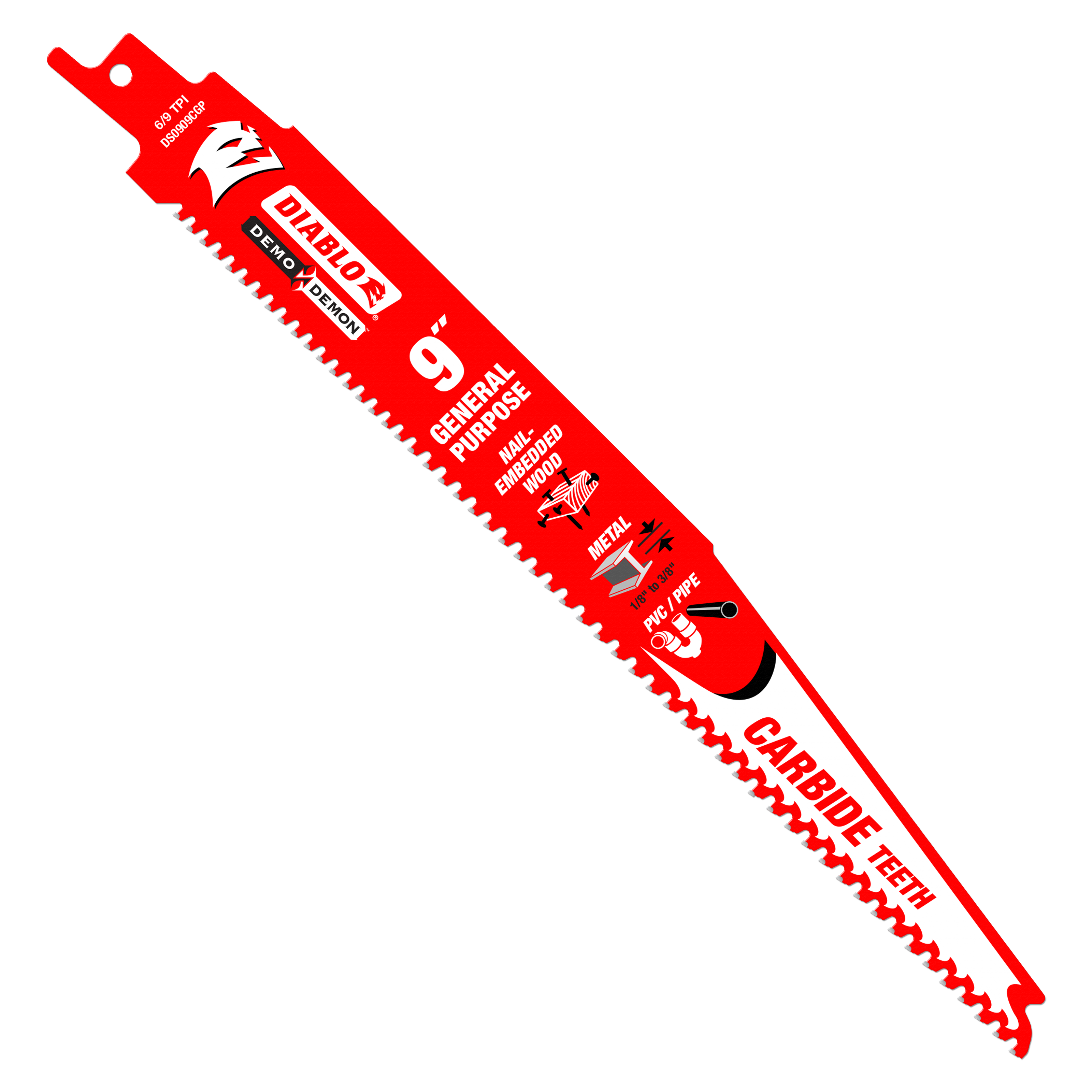 Red Diablo reciprocating saw blade with carbide teeth and mounting shank against white background.